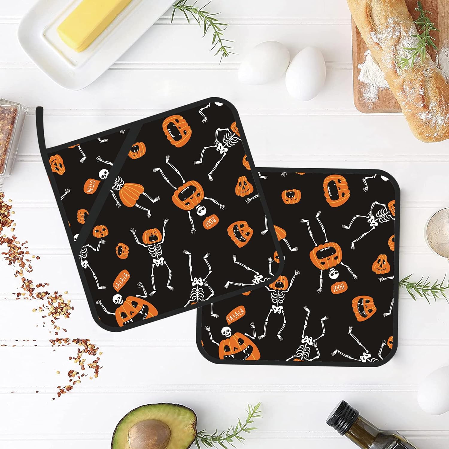 Halloween Spooky Skeletons with Pumpkin-Packed Potholders Set of 2 Oven Microwave Resistant