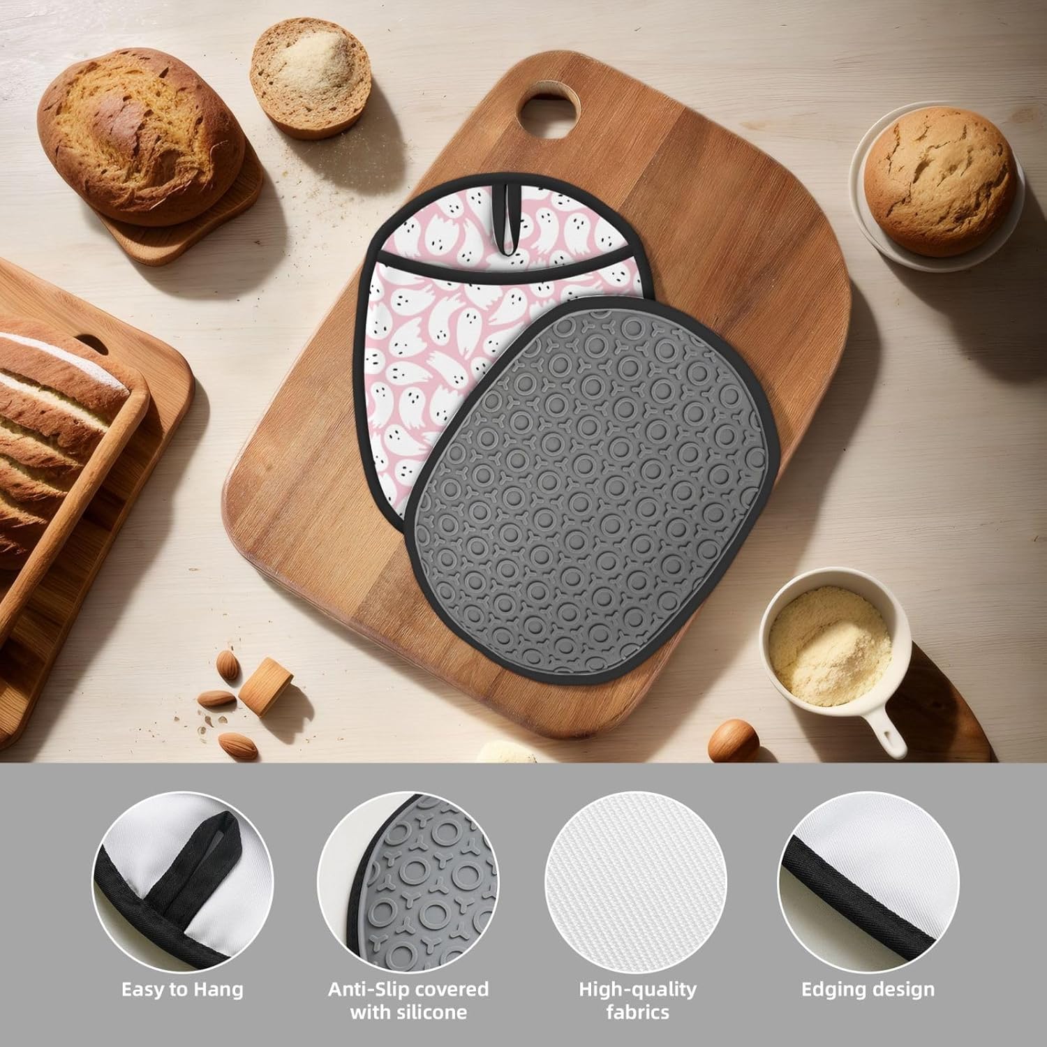 Halloween Pink Ghost Heat-Resistant Potholders Durable Kitchen Tools with Storage Loop
