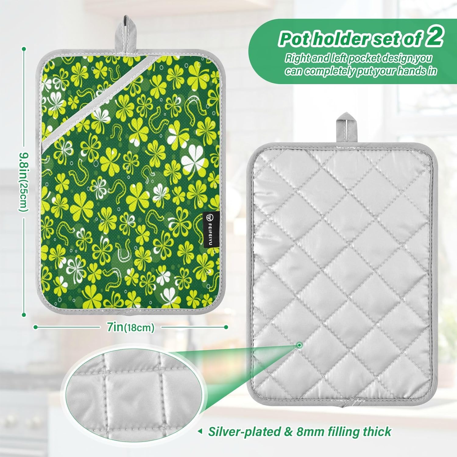2Pack Green White Shamrock Potholders Heat Resistant