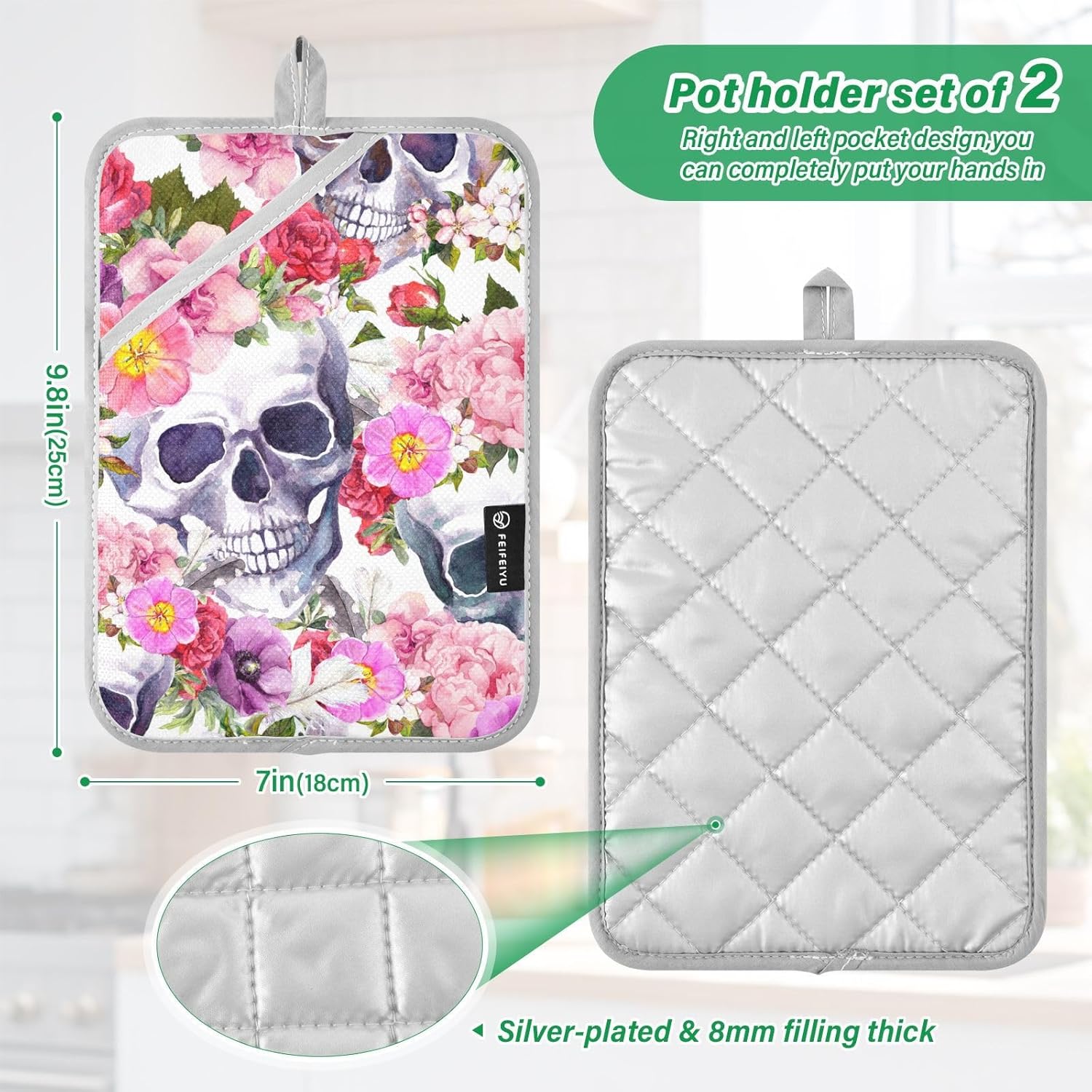 OurVii 2Pcs Summer Floral Skull Potholders with Pockets Non-Slip mitts Set