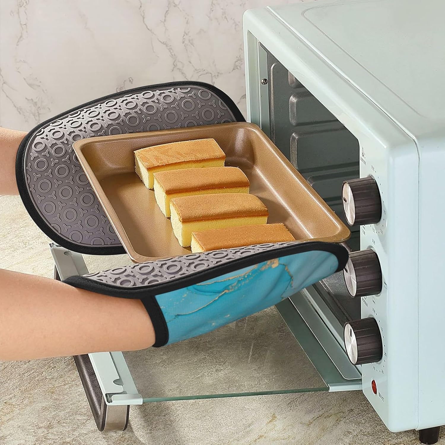 Jbofyee Heat-Resistant Silicone Potholders - Turquoise Marble 2-Piece Set