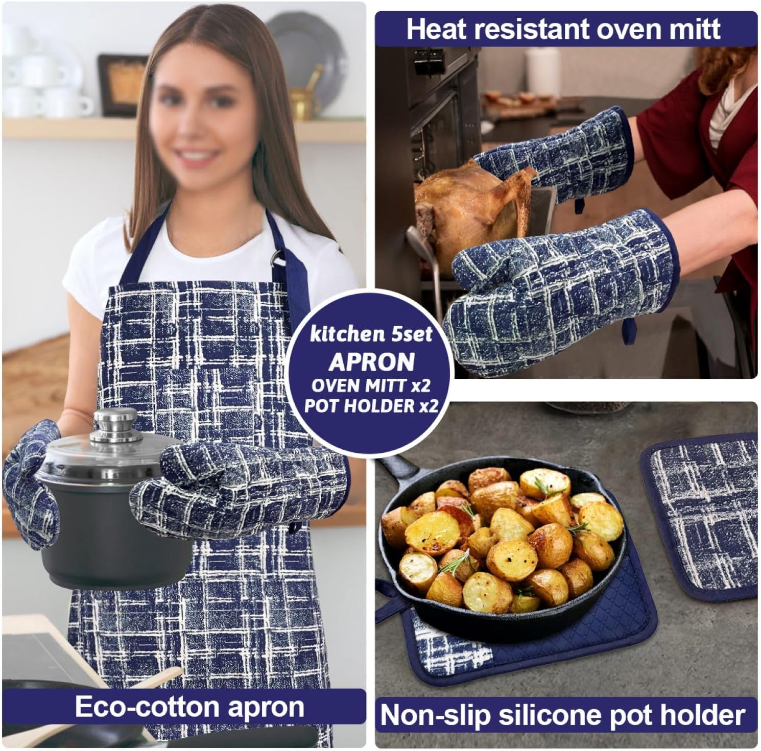 Alselo Oven Mitts and Pot Holders Set of 5 with Cooking Apron Navy