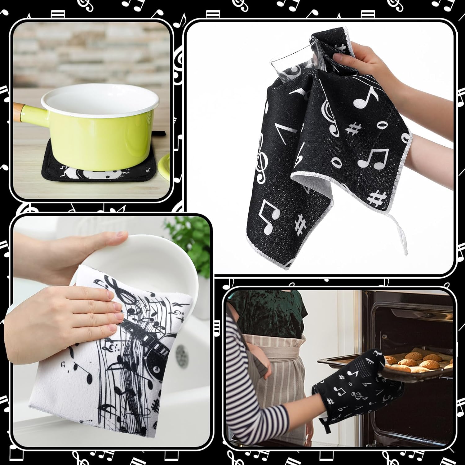 Comfortable Oven Mitts Pot Holders Set with Music Note Patterns
