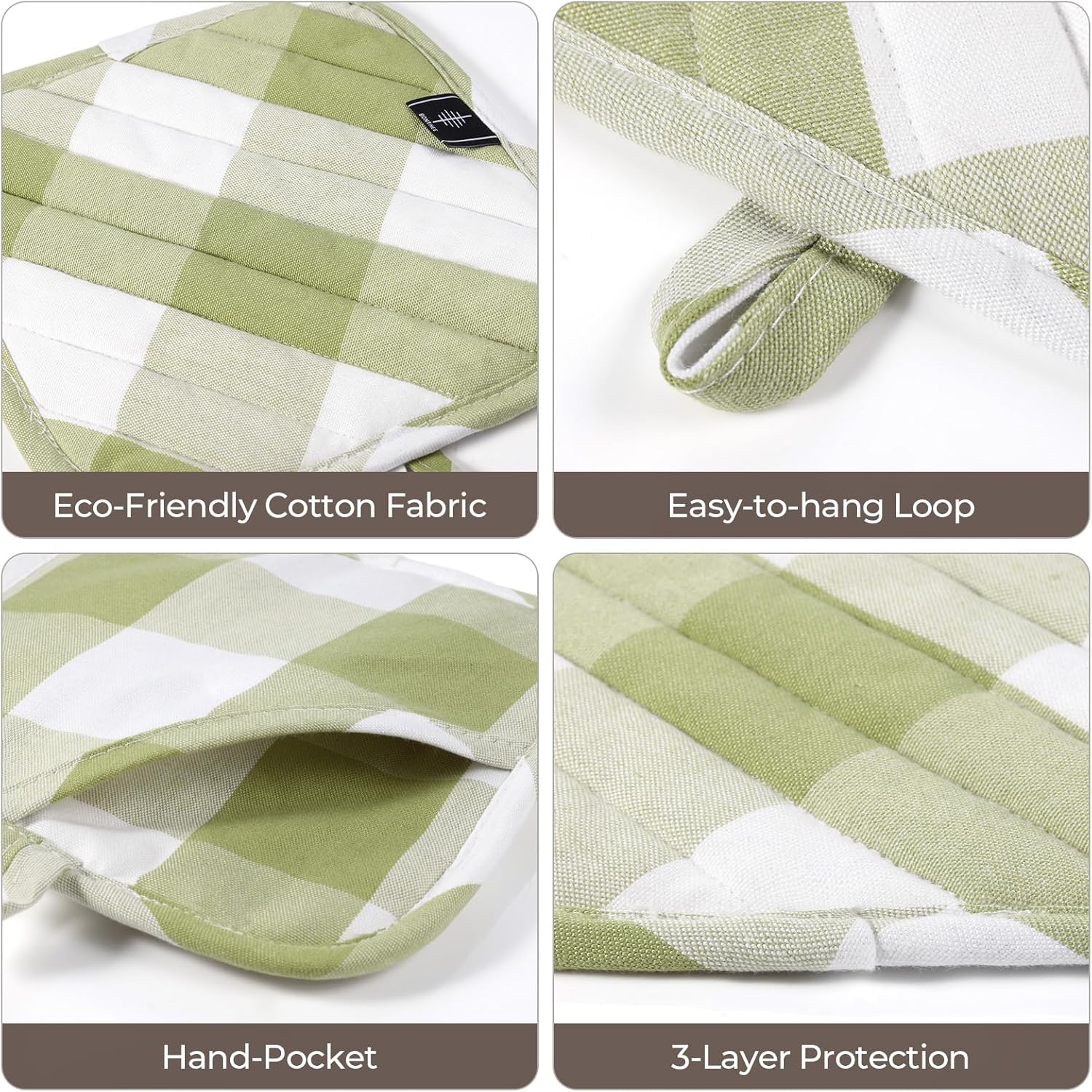 BONTHEE Green Plaid Pot Holders - 2PCS Heat Resistant Kitchen Potholders