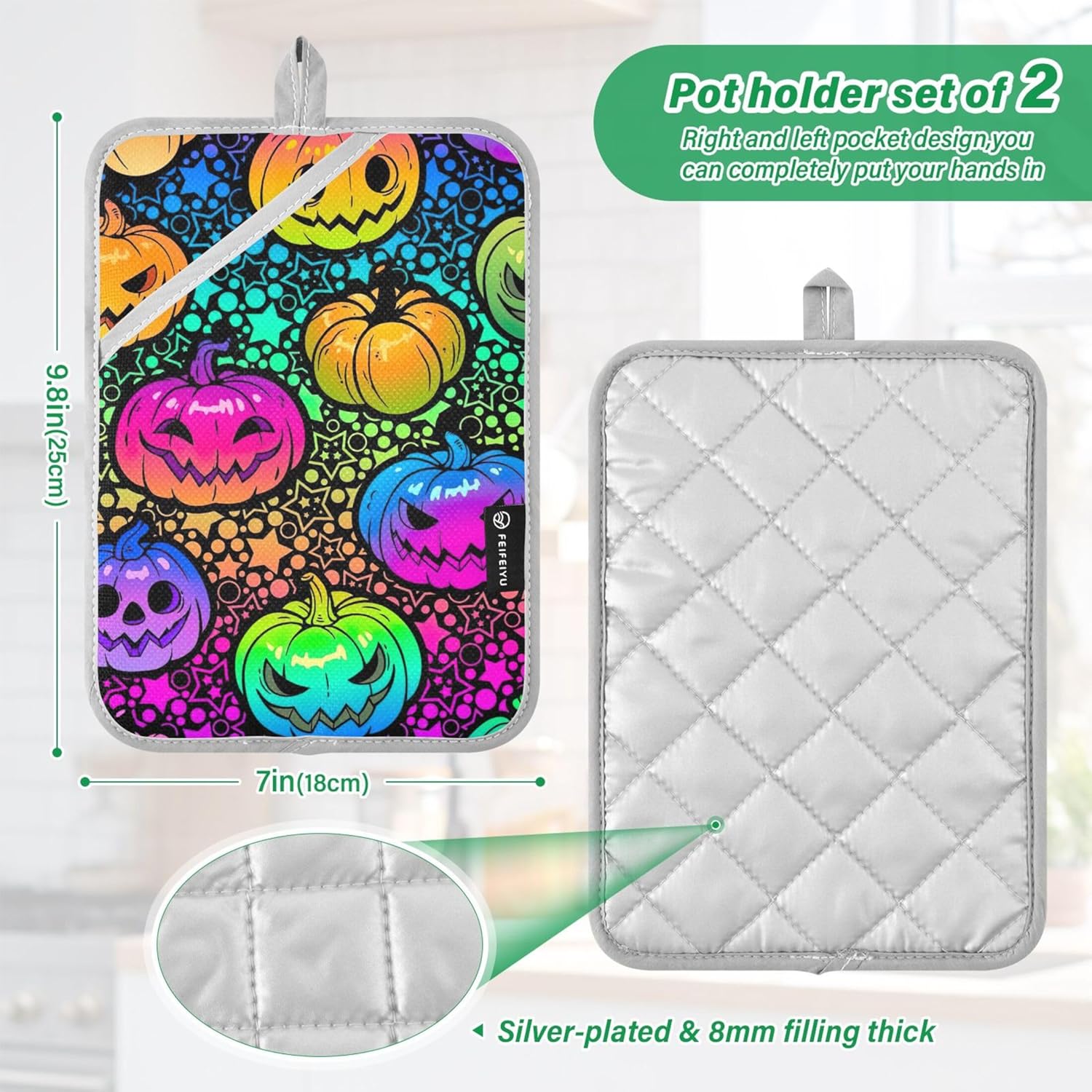 Bright Rainbow Halloween Pumpkins Pot Holder Set Heat-Resistant Cute Functional