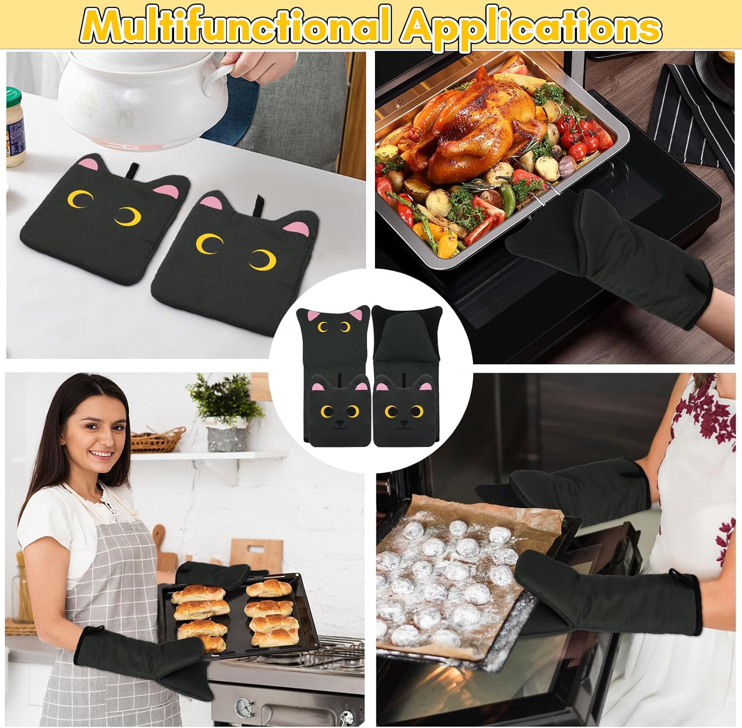 Oven Mitts for Kitchen Fun Heat Resistant Cat Mitts Set