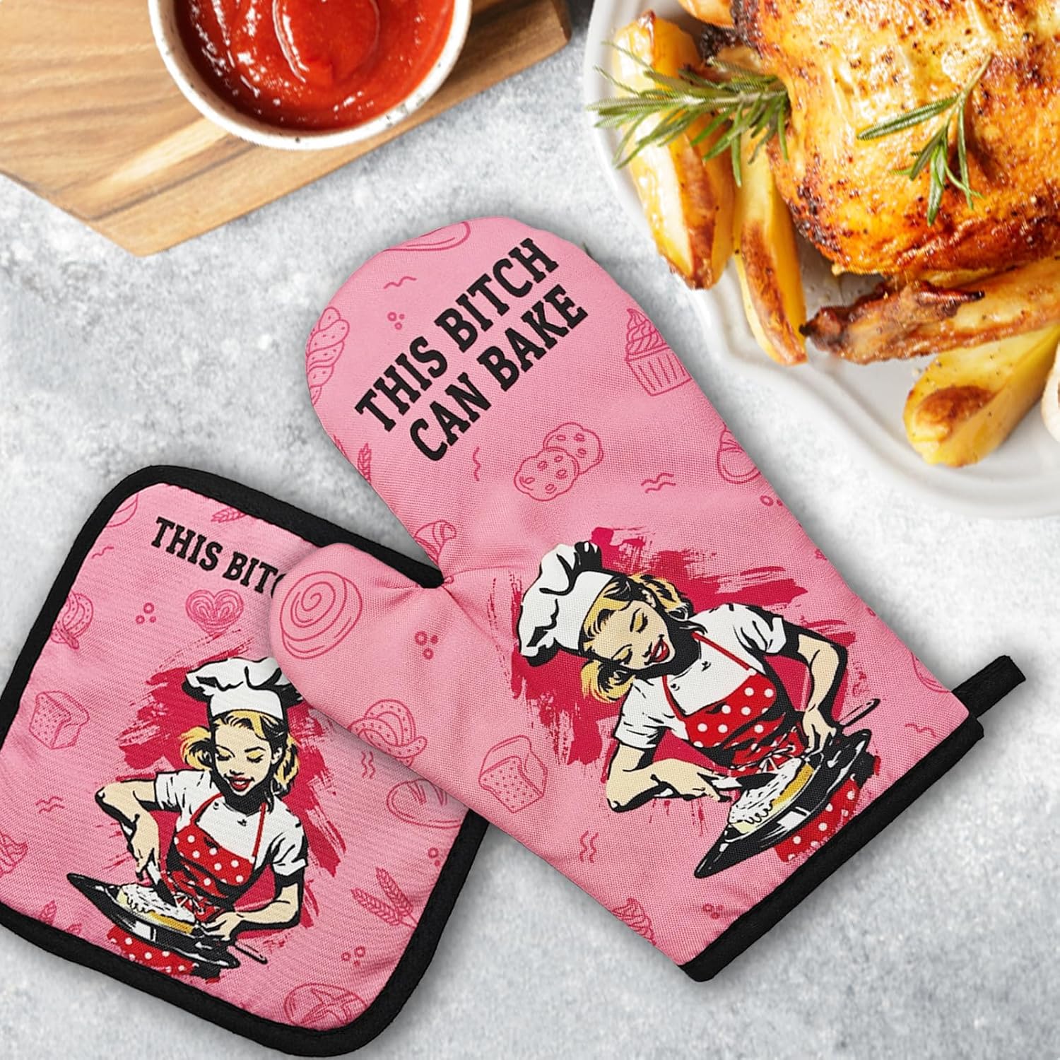 GOSJINN K - Funny Oven Mitts Pot Holders - Unique Kitchen Basket - 2x Set