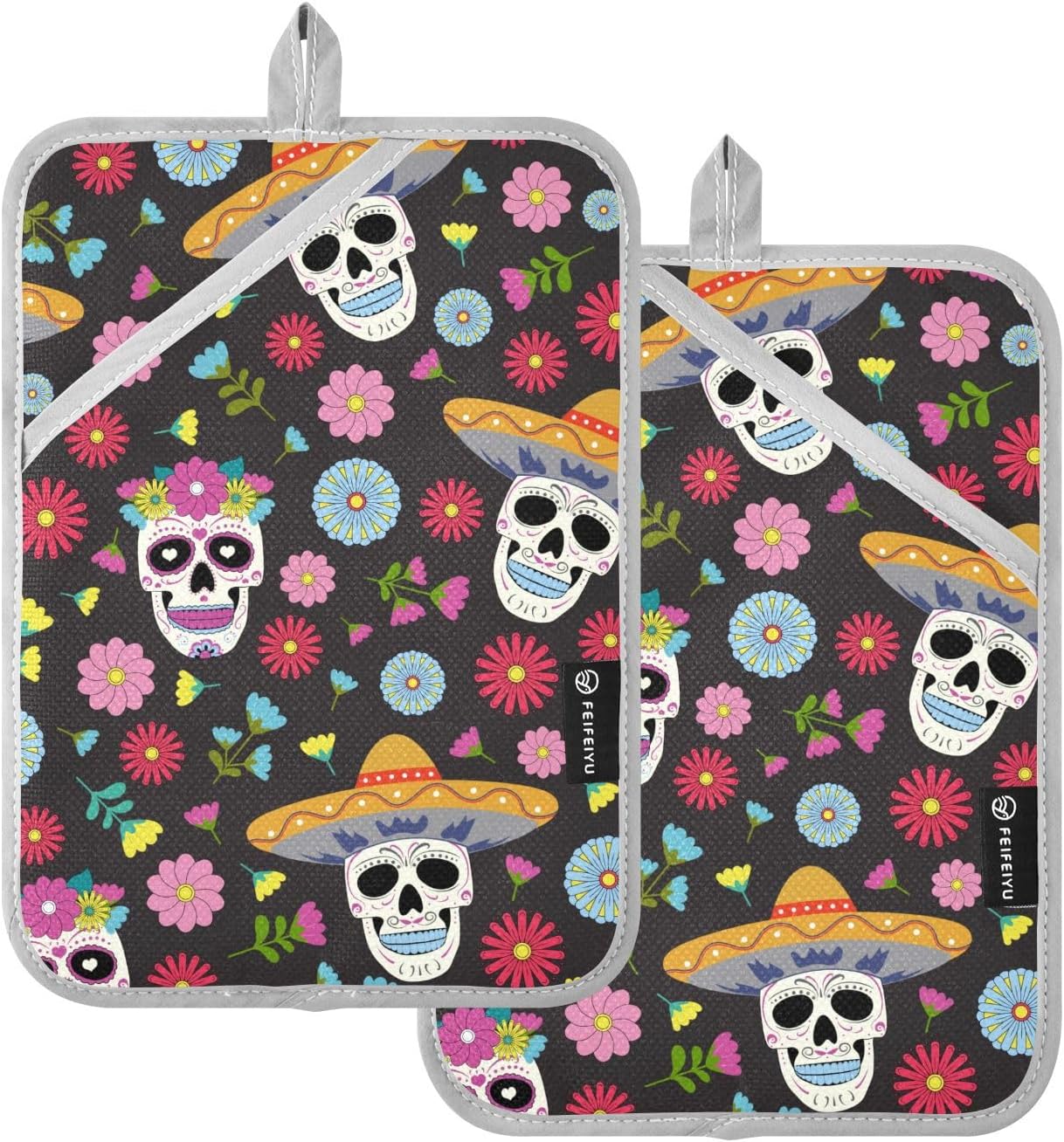 Day of the Dead Potholder Set - Heat-Resistant Oven Mitts