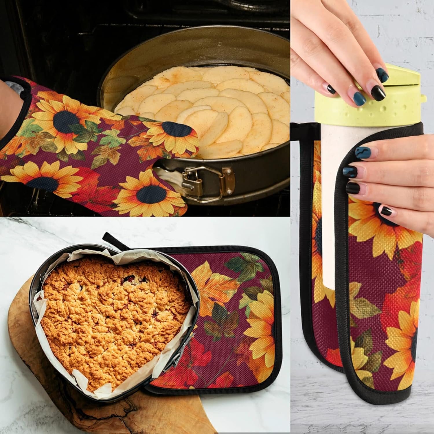 Red Sunflowers Fall Oven Mitts Pot Holders Set