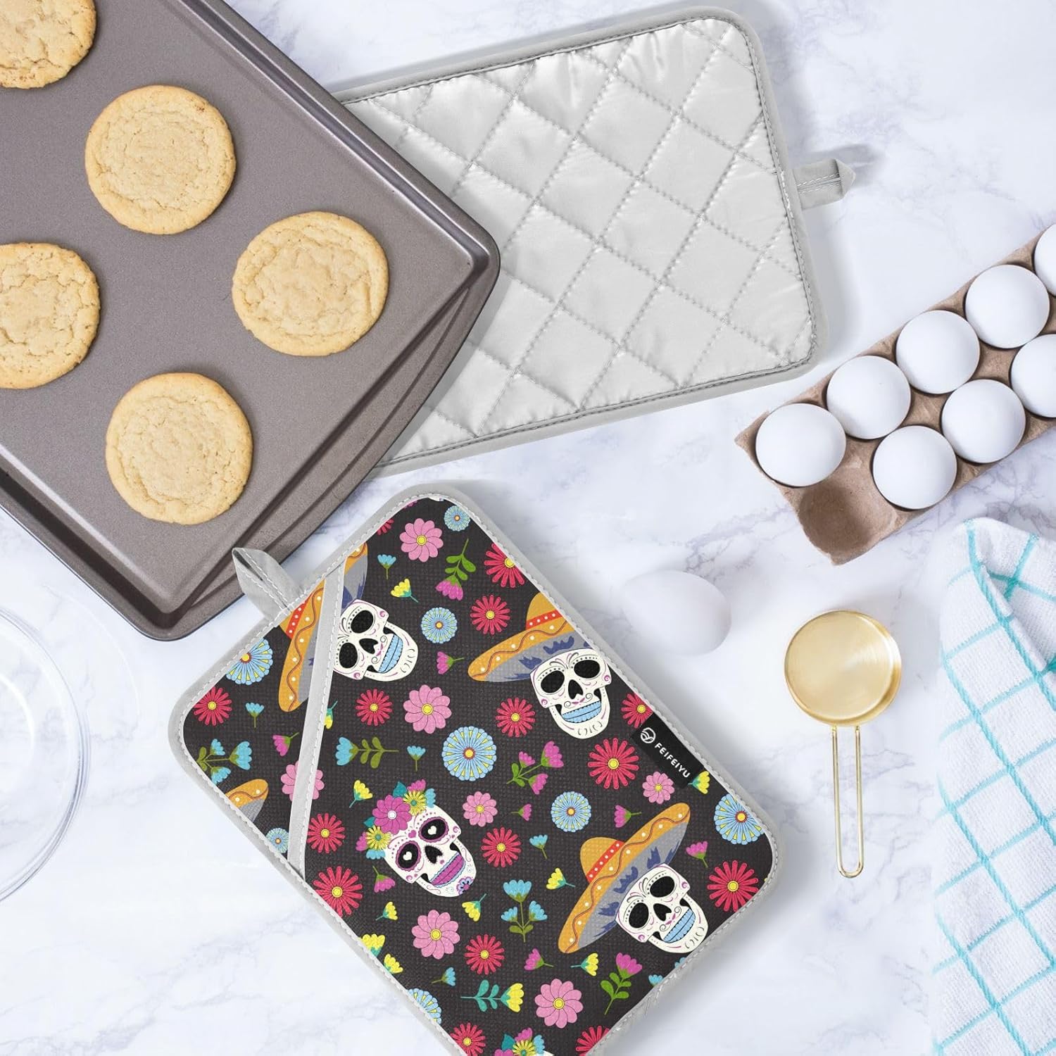 Day of the Dead Potholder Set - Heat-Resistant Oven Mitts