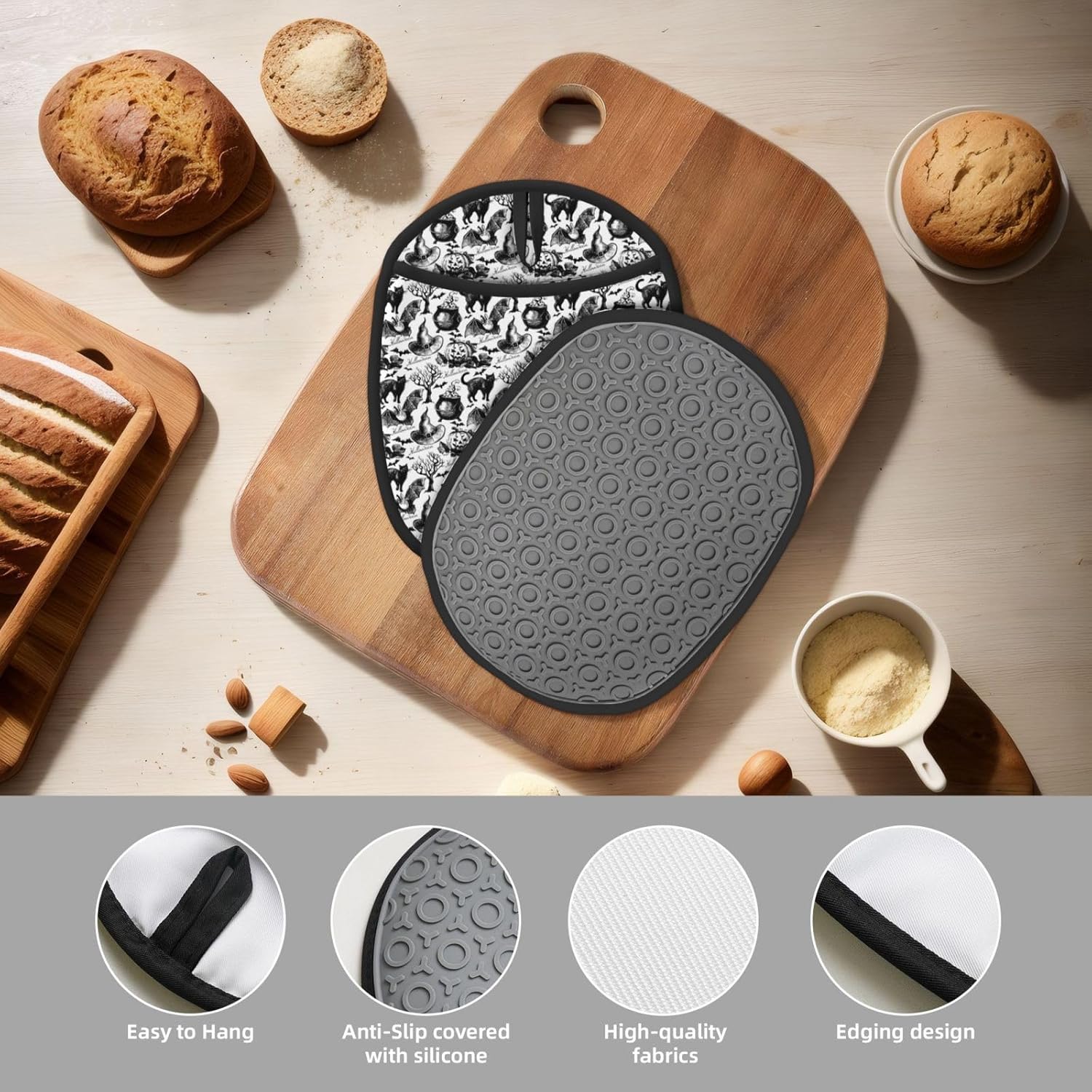 2-Piece Halloween Heat-Resistant Silicone Pot Holders Black White