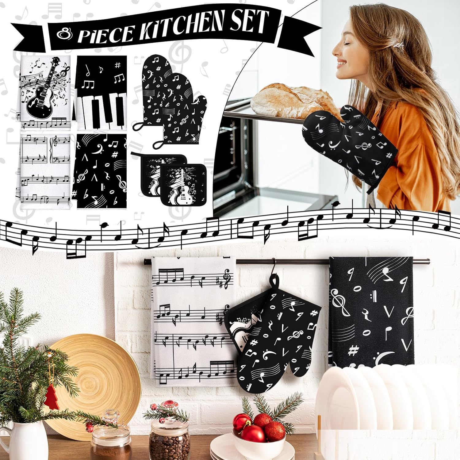 Comfortable Oven Mitts Pot Holders Set with Music Note Patterns