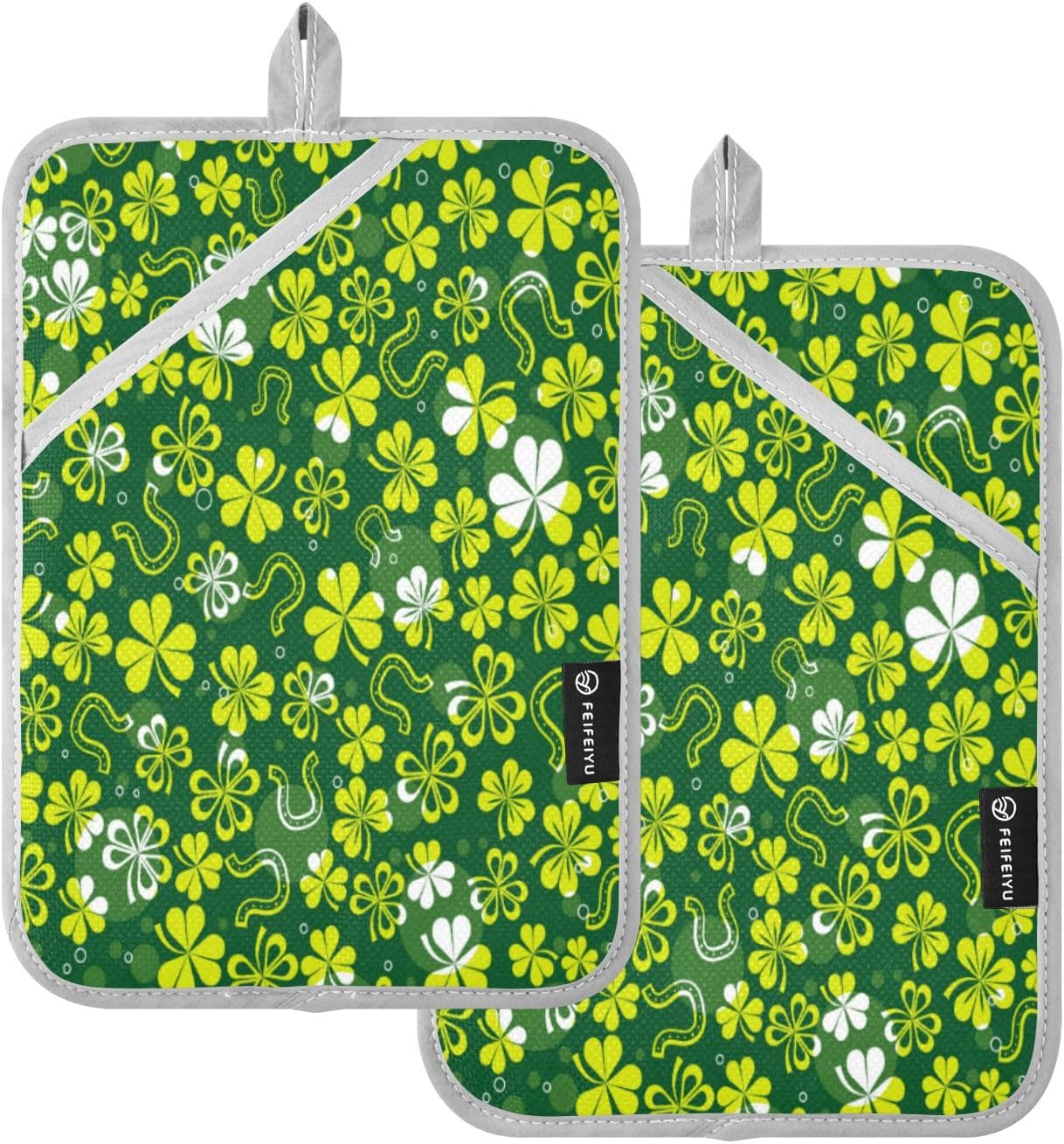 2Pack Green White Shamrock Potholders Heat Resistant