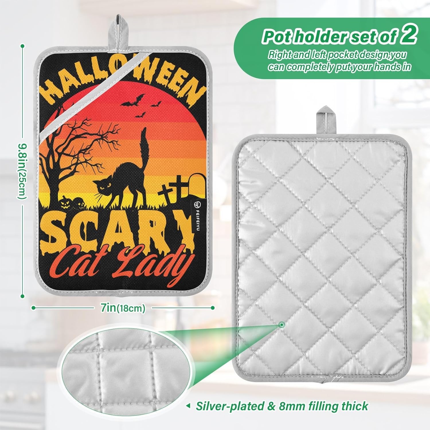 Scary Cat Lady Halloween Potholders with Pockets Non-Slip Kitchen Mat