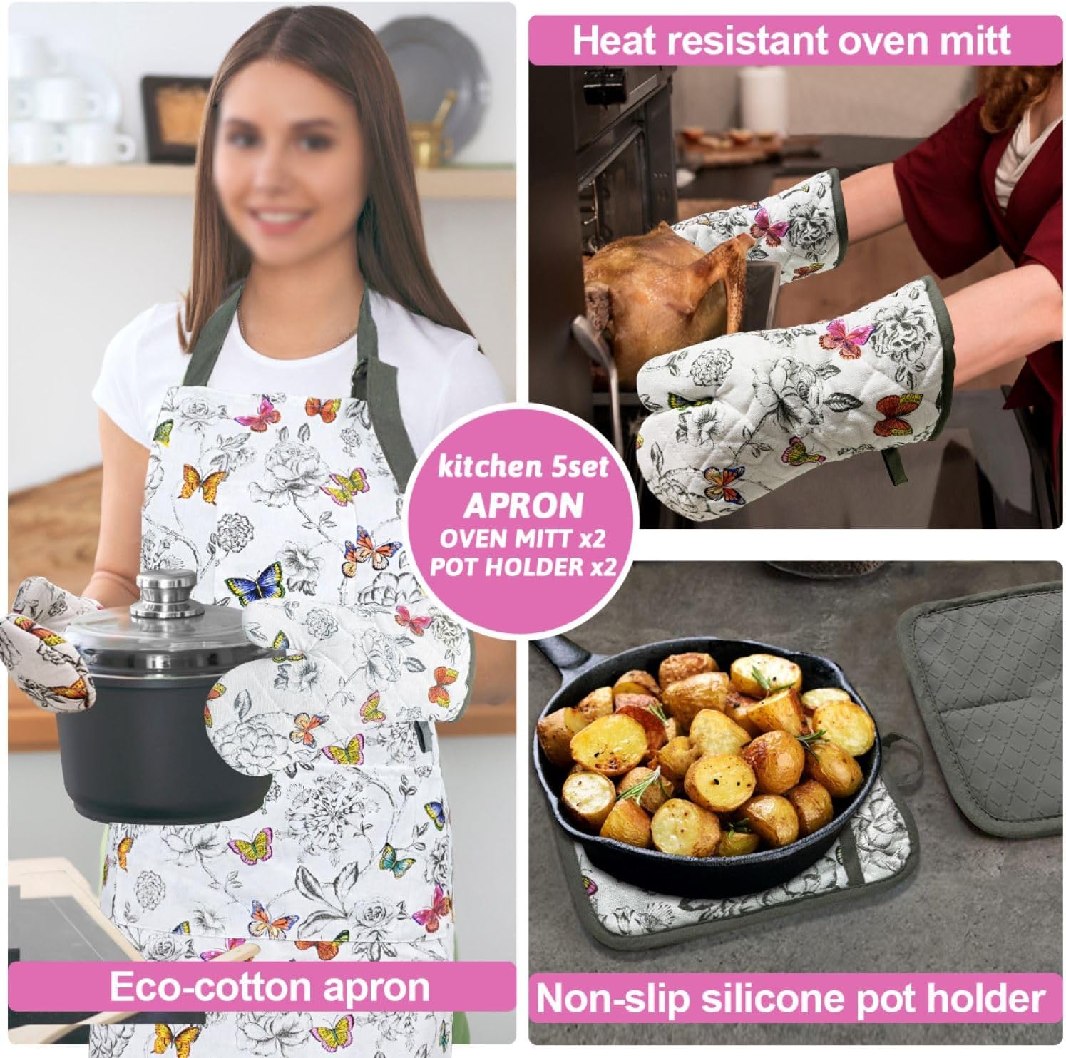 Alselo Oven Mitts Set of 5 with Butterfly Apron