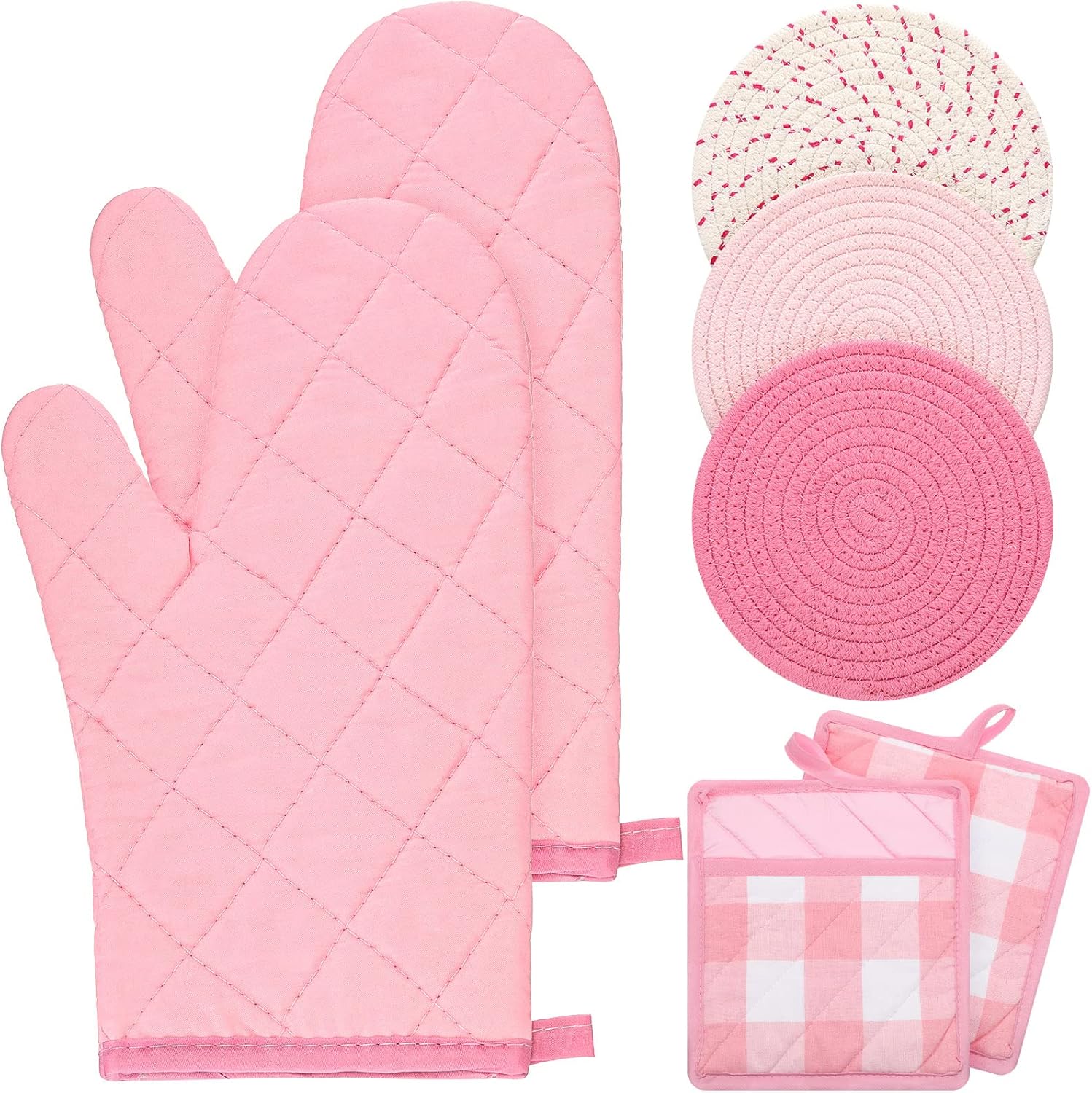 Sumind 7-Piece Oven Mitts Potholders Set Pink White Cotton Kitchen Accessories