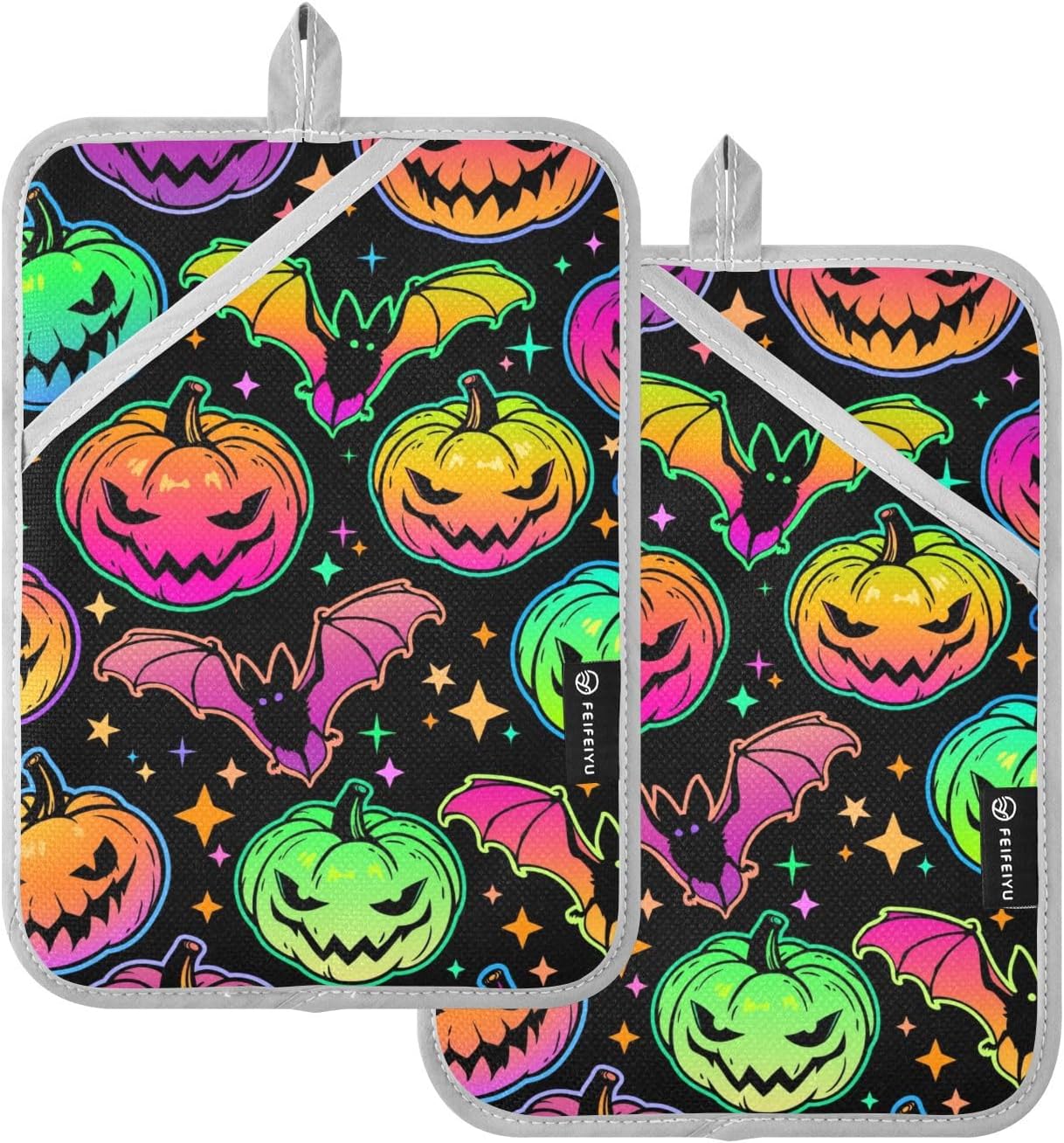 Colorful Halloween Pumpkin Bat Oven Mitts Set