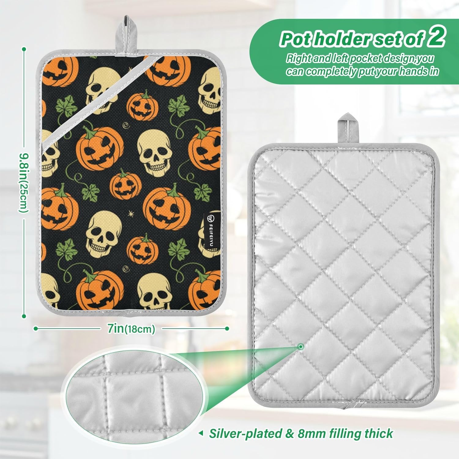 2Pcs Halloween Pumpkin Skull Pot Holder Set Non-Slip