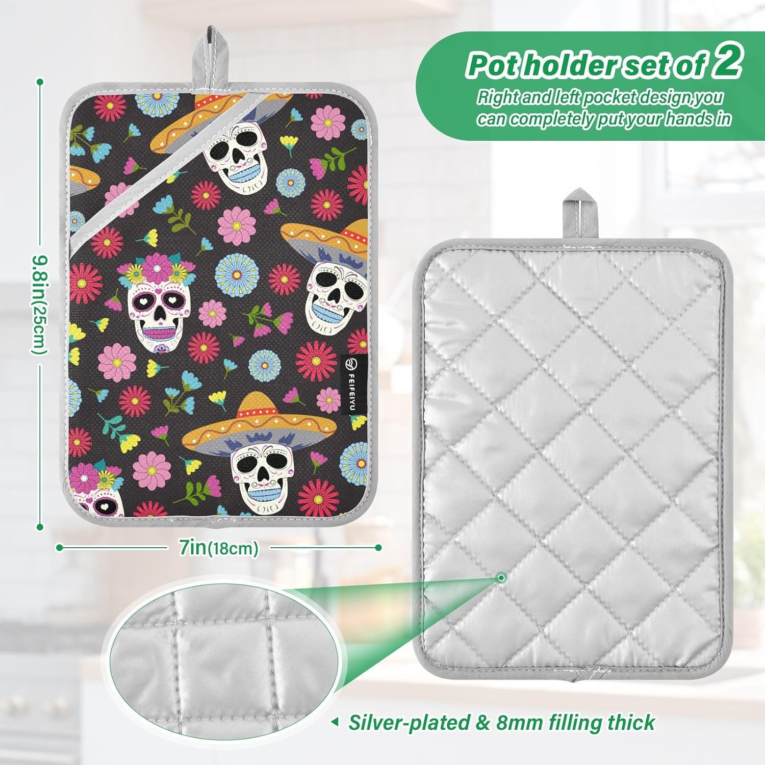 Day of the Dead Potholder Set - Heat-Resistant Oven Mitts
