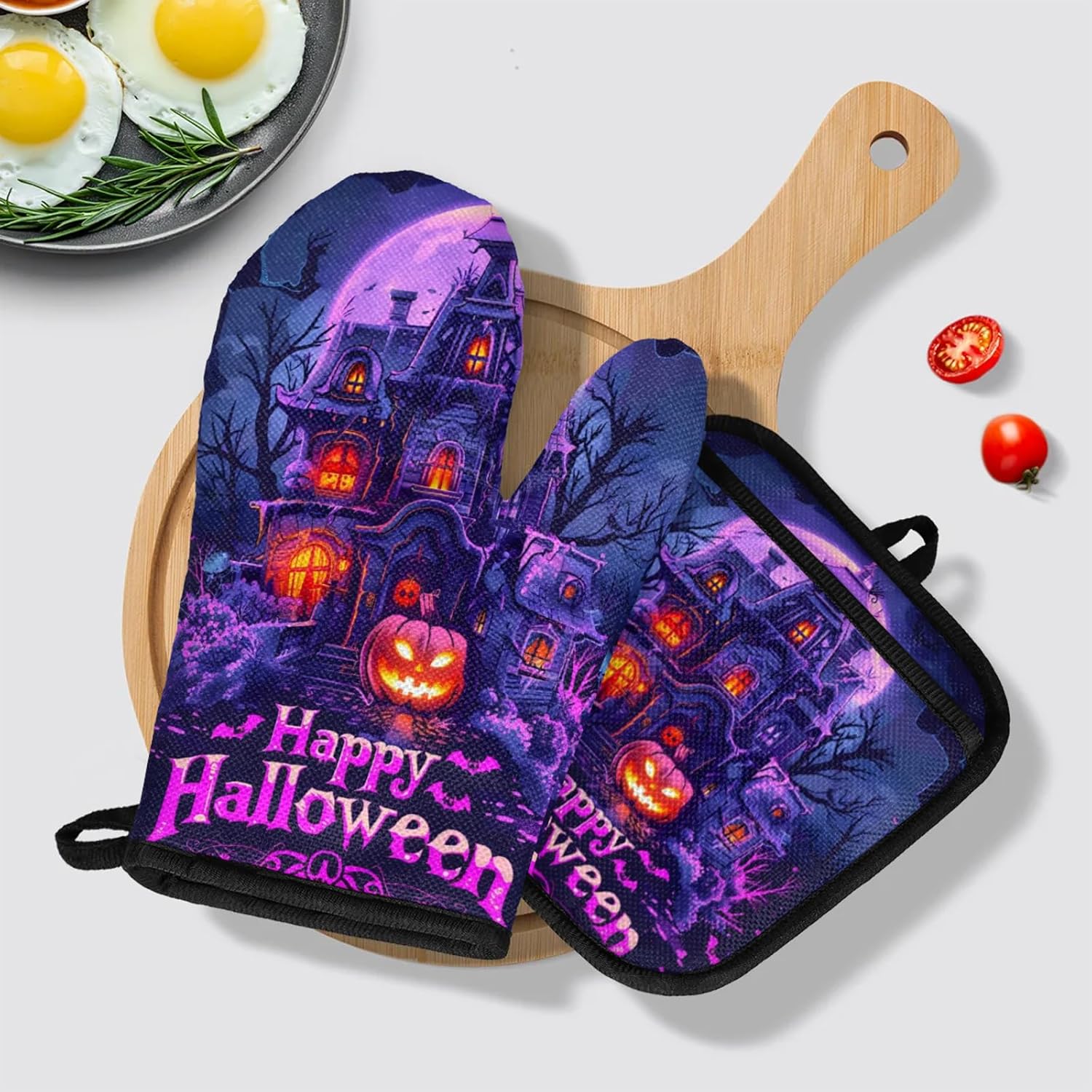 TropicalLife Happy Halloween Oven Mitts and Pot Holders 4Pcs Set