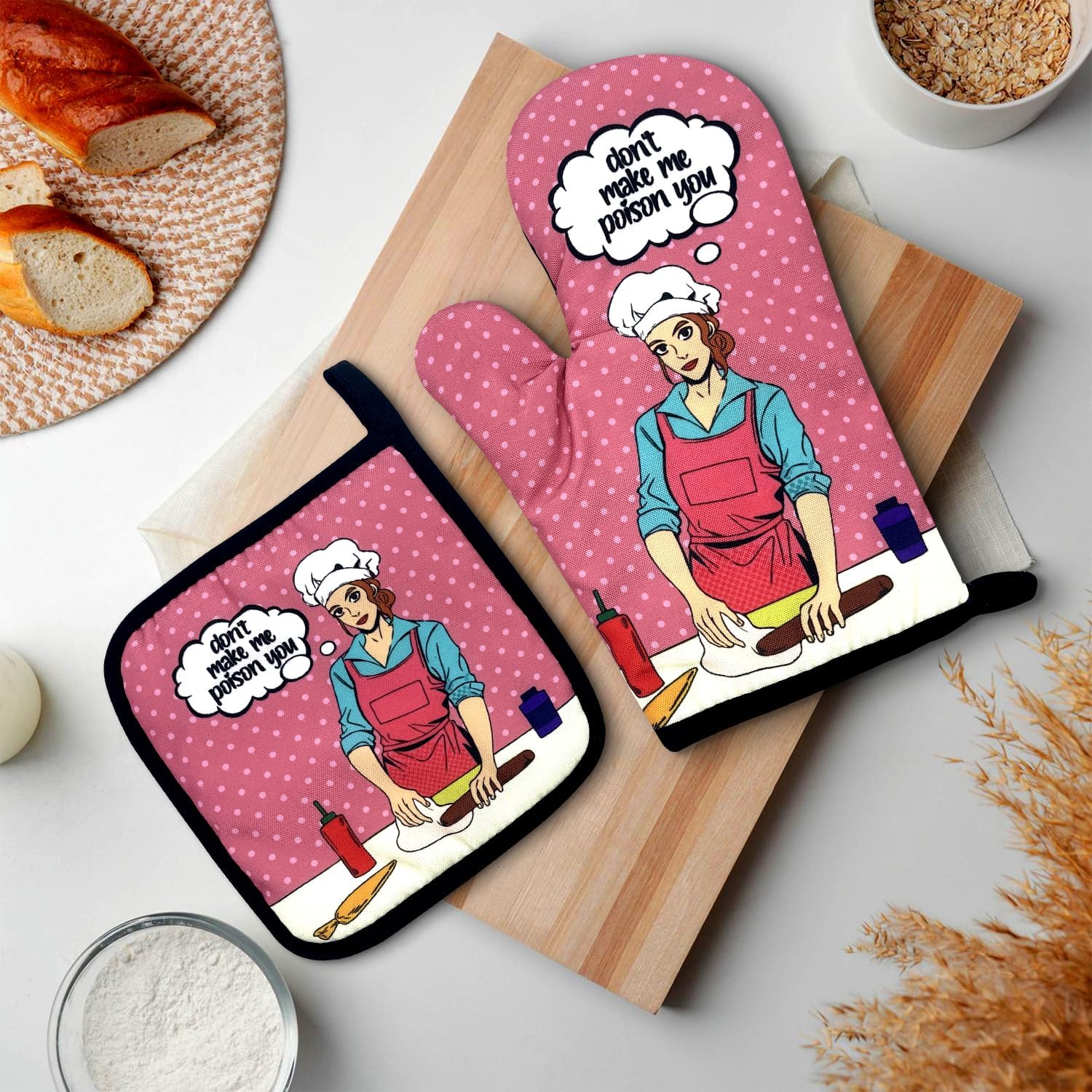 Funny Pink Oven Mitts Pot Holders Set for Cooking