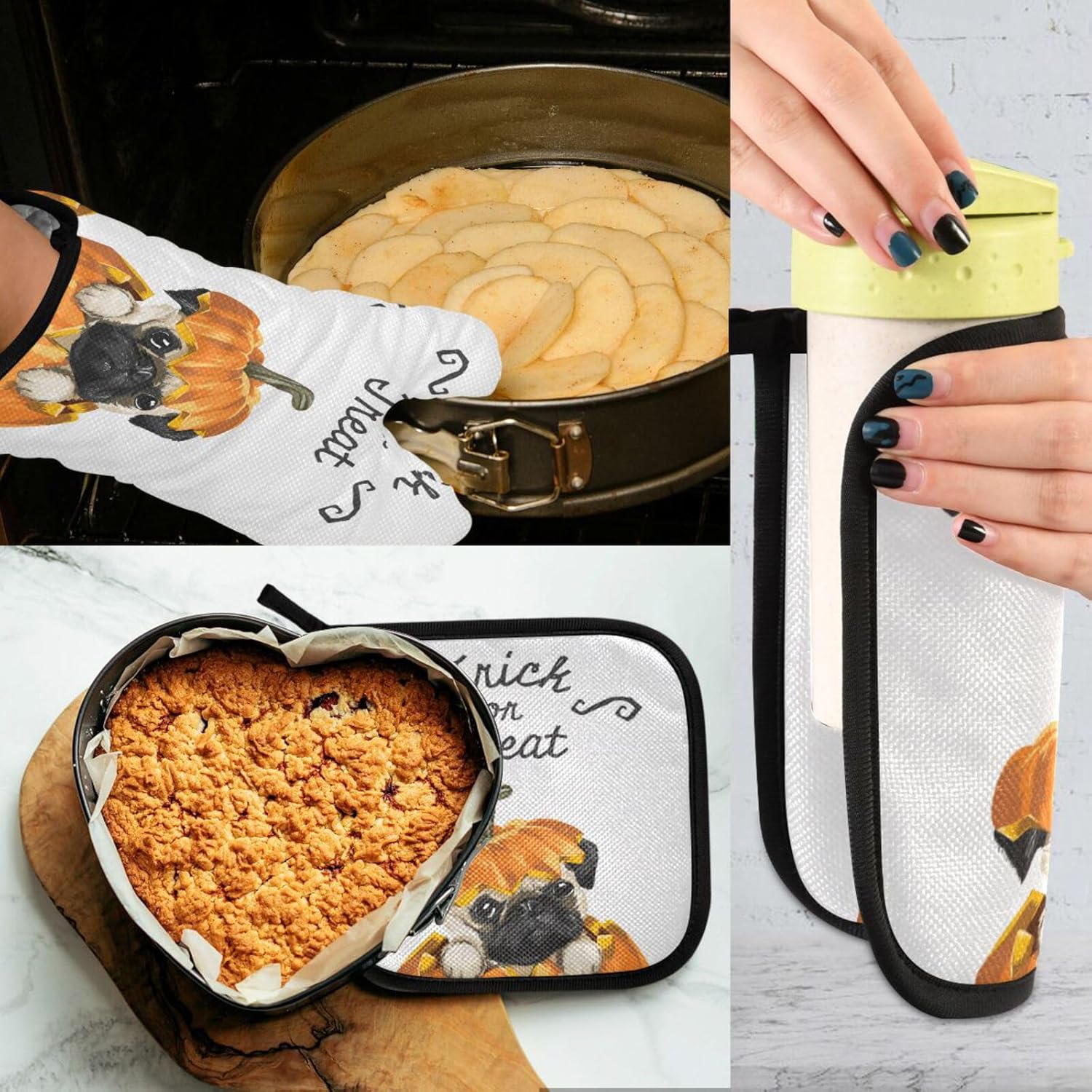 Halloween Pug Pumpkin Oven Mitts Set Heat-Resistant Trick or Treat Gloves