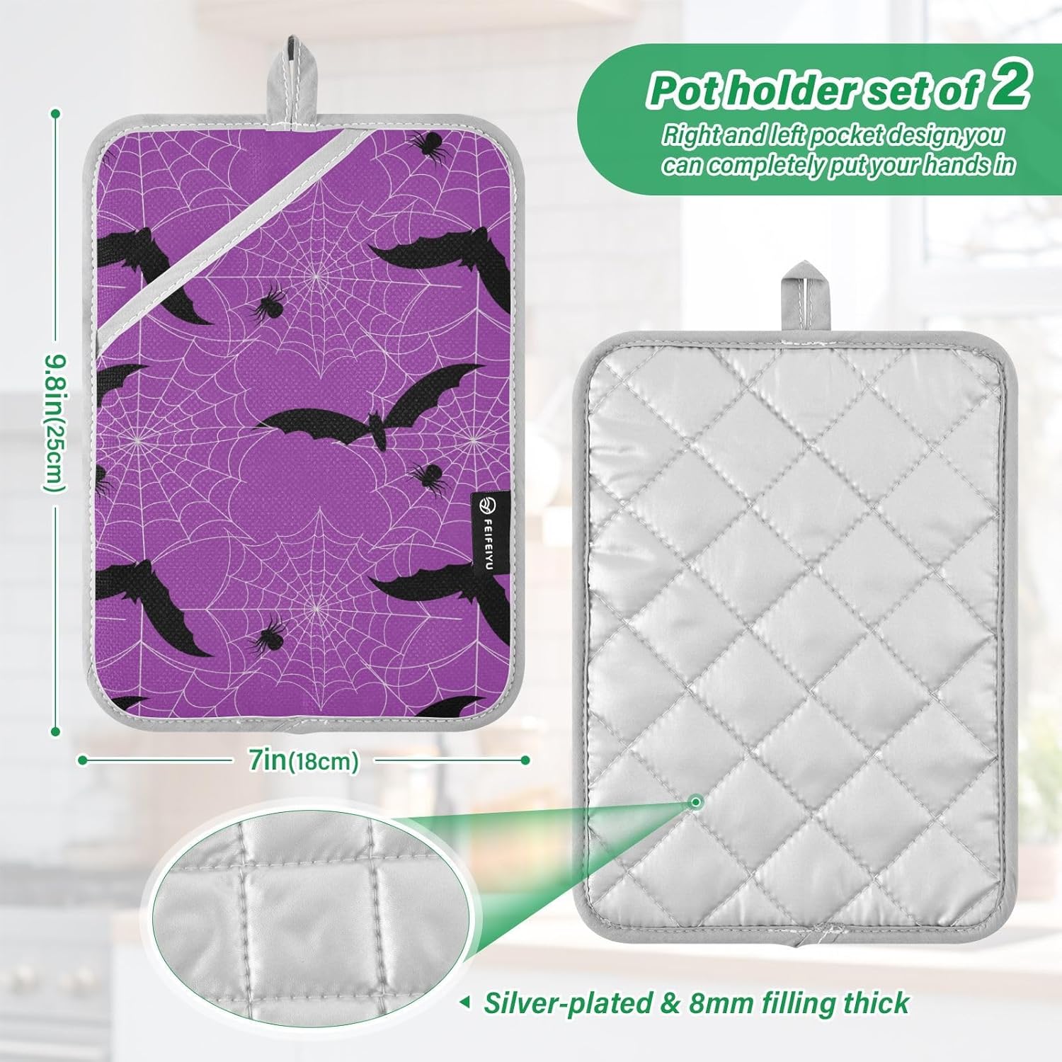 Black Bat Potholders with Pockets Non-Slip Mitts 2 Pack