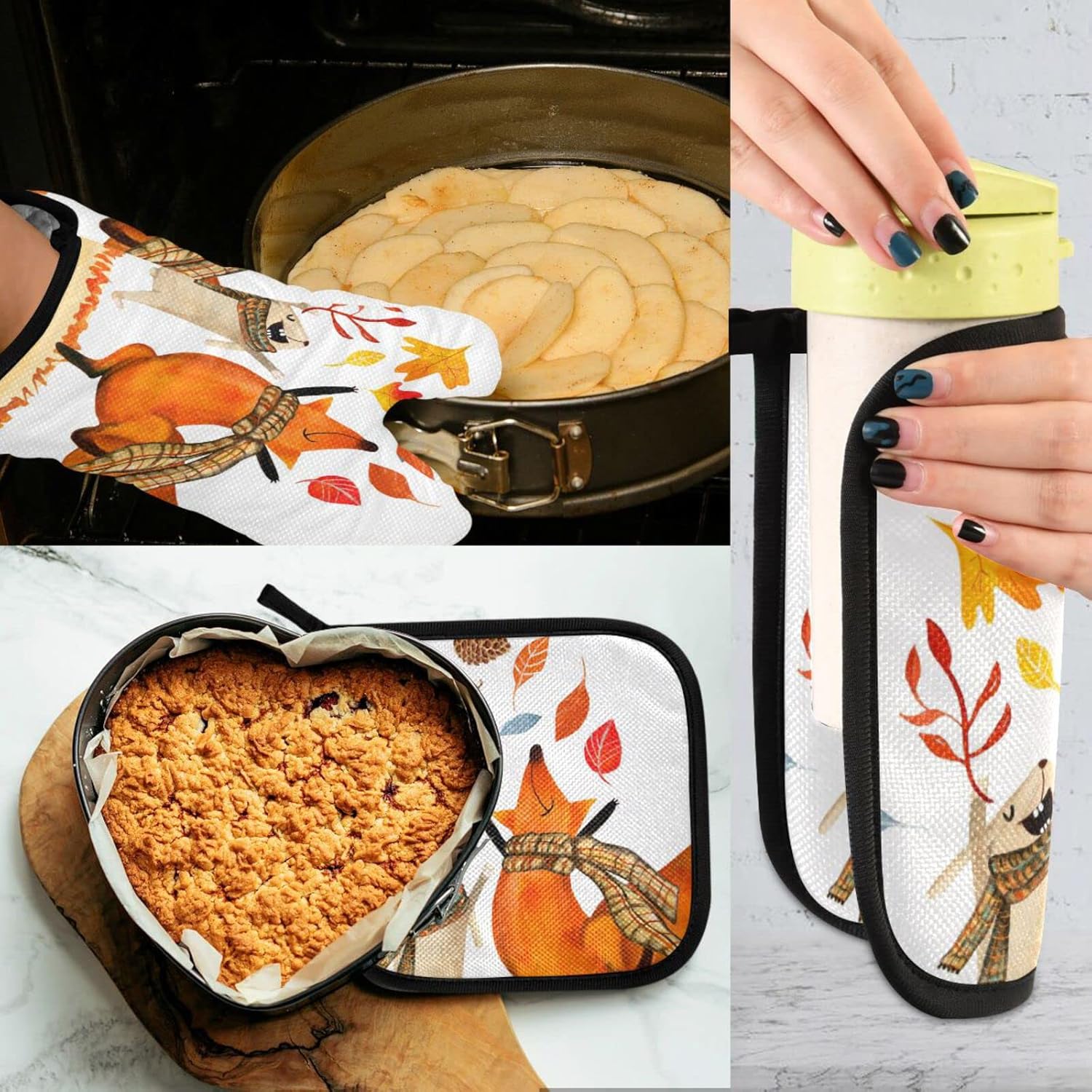 autumn-themed oven mitts and pot holders set for cozy home