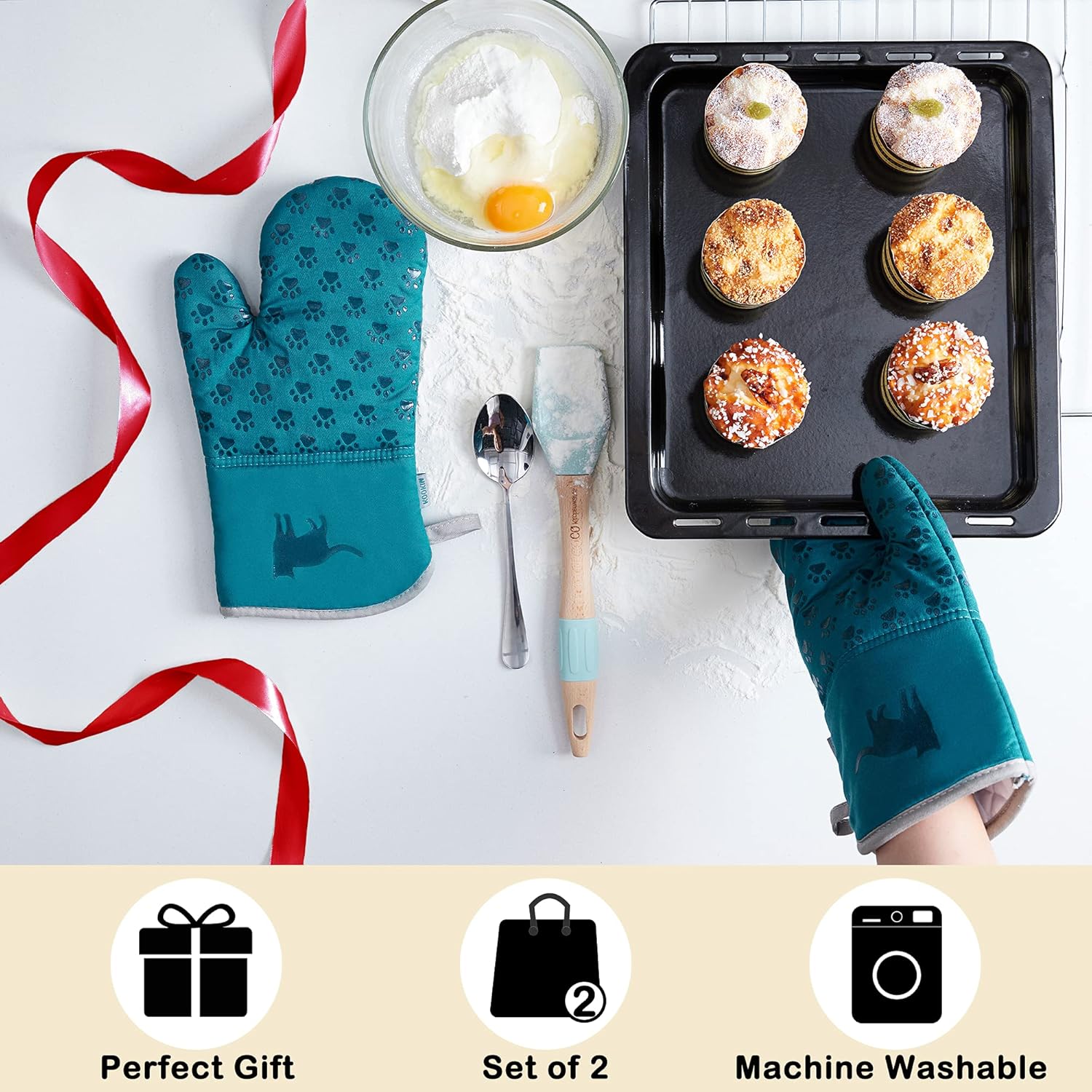 KOOKIM Cat Themed Oven Mitts Set of 2 - Teal