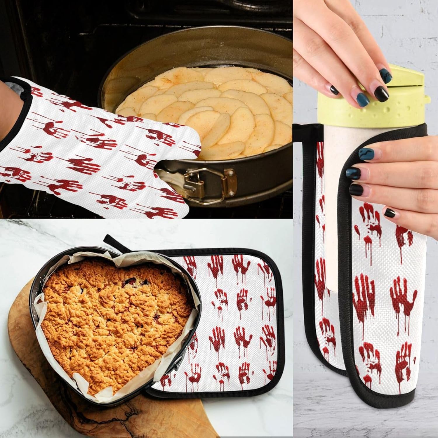 Halloween Bloody Hand Prints Set - 2-Piece Oven Mitts for Cooking