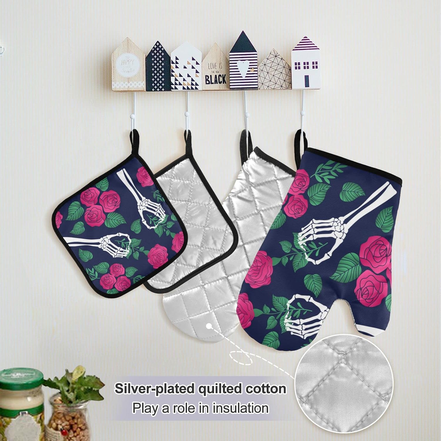 5Pcs Halloween Skull Flowers Oven Mitts Pot Holder Set