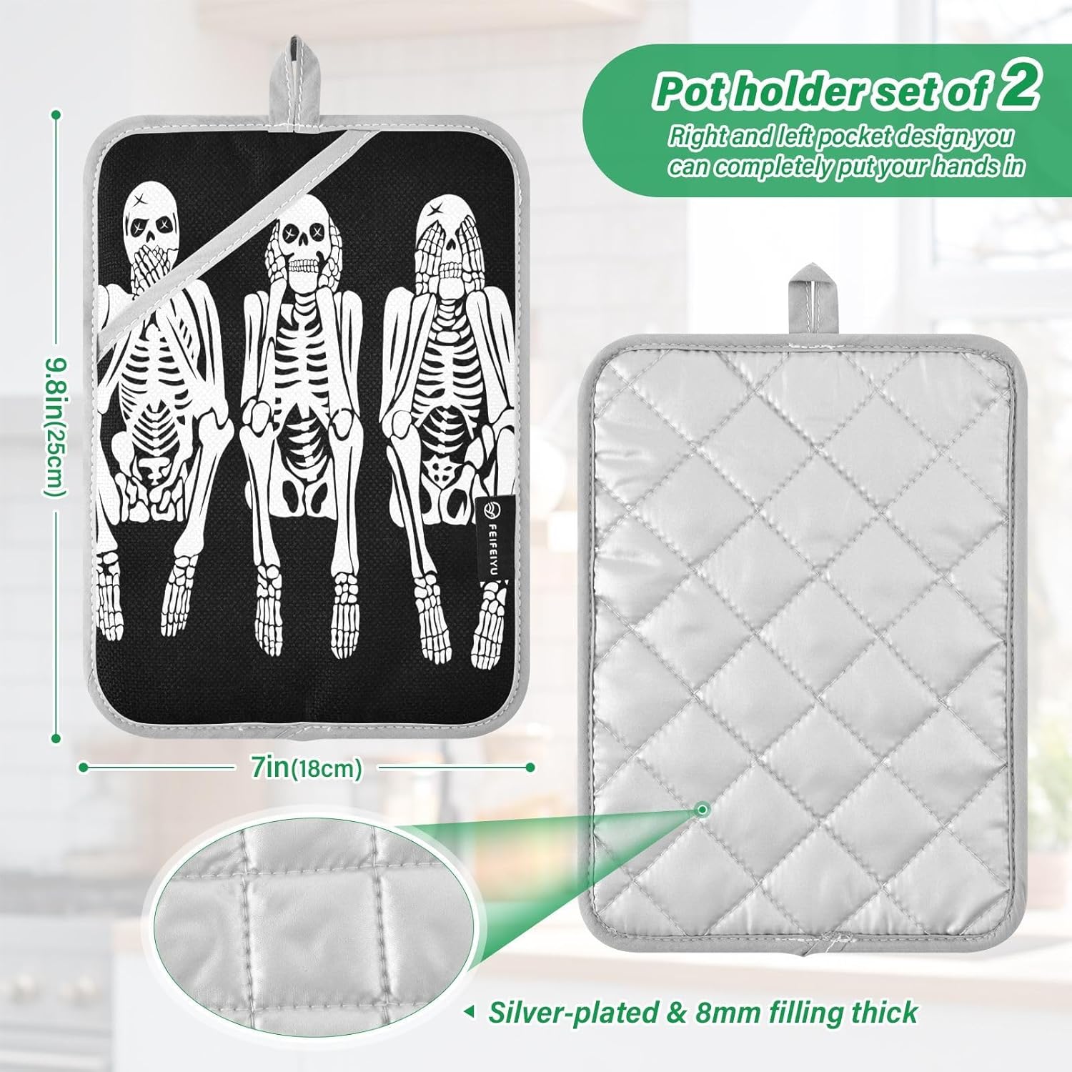 OurVii Funny Skeleton Kitchen Potholders - Halloween Heat Resistant Non-Slip 2-Pack