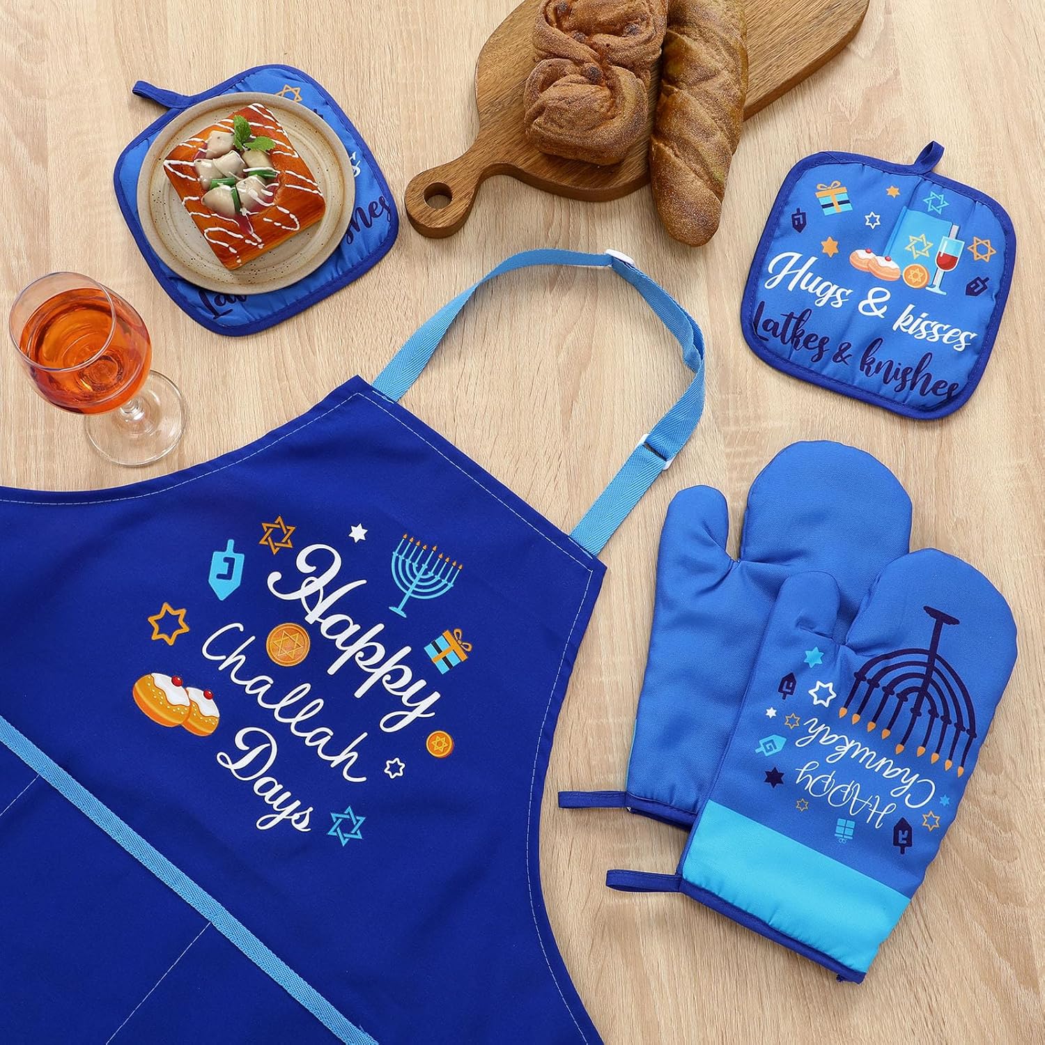 Hanukkah Baking Apron Set with Oven Mitts Potholders