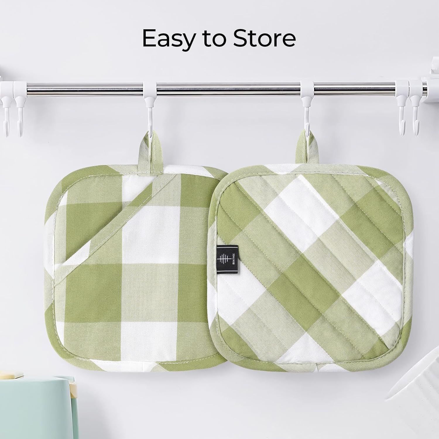 BONTHEE Green Plaid Pot Holders - 2PCS Heat Resistant Kitchen Potholders