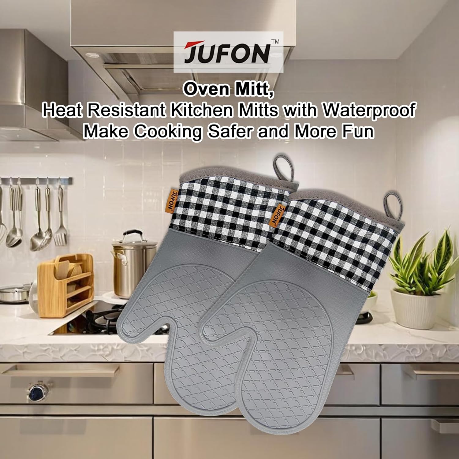 JUFON Oven Mitts Silicone Heat Resistant Kitchen Gloves