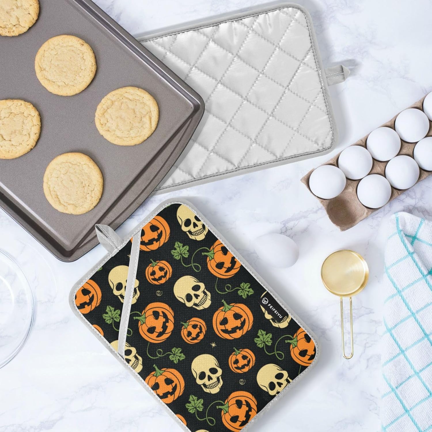2Pcs Halloween Pumpkin Skull Pot Holder Set Non-Slip