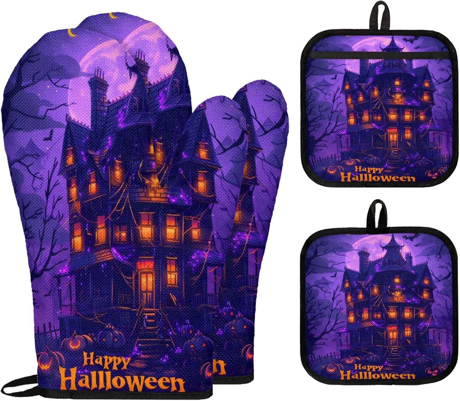 TropicalLife Halloween Oven Mitts and Pot Holders 4 Pcs Set