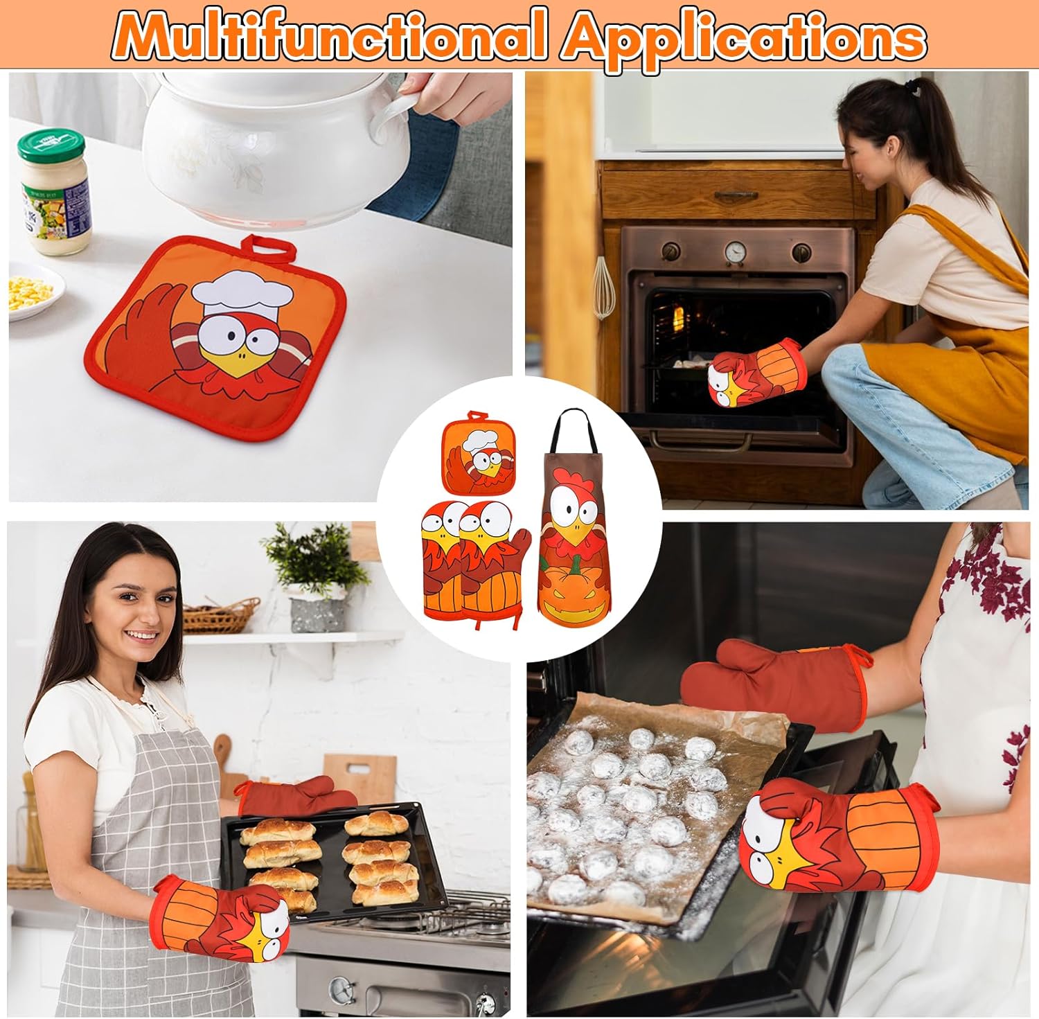 LSYDCARM Fall Oven Mitts 4Pcs Turkey Set with Apron