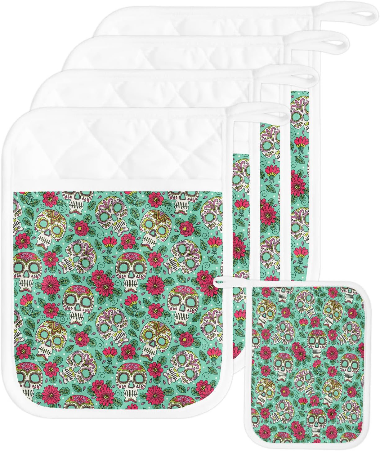 Hilarious 5-Pack Pot Holders with Sugar Skulls for Kitchen Fun
