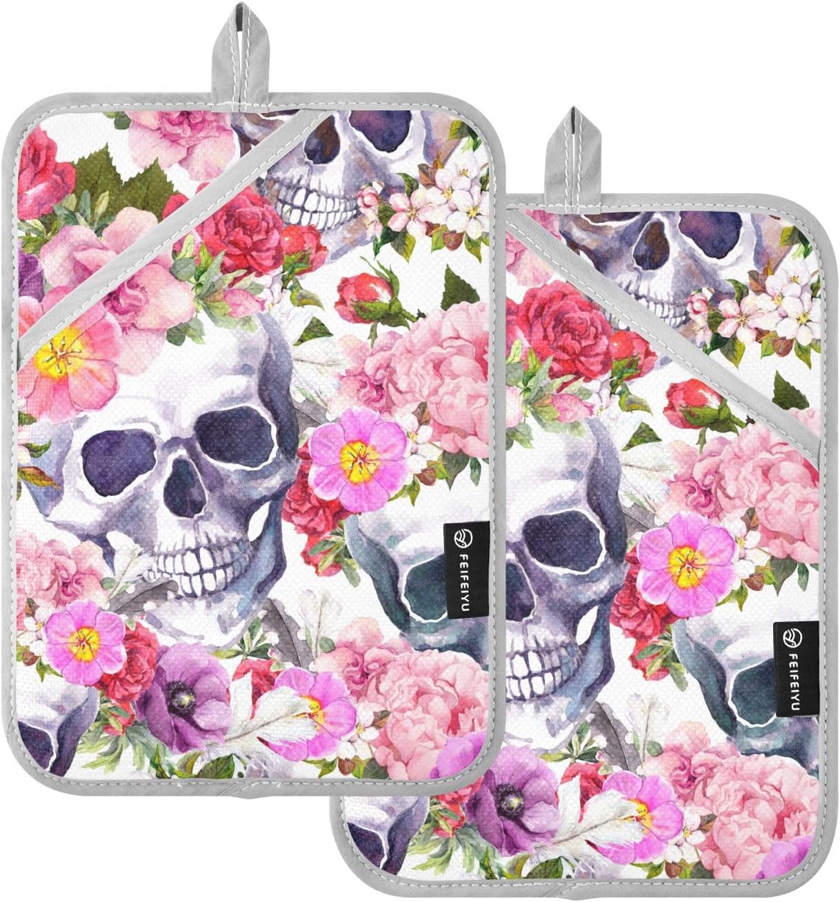 OurVii 2Pcs Summer Floral Skull Potholders with Pockets Non-Slip mitts Set