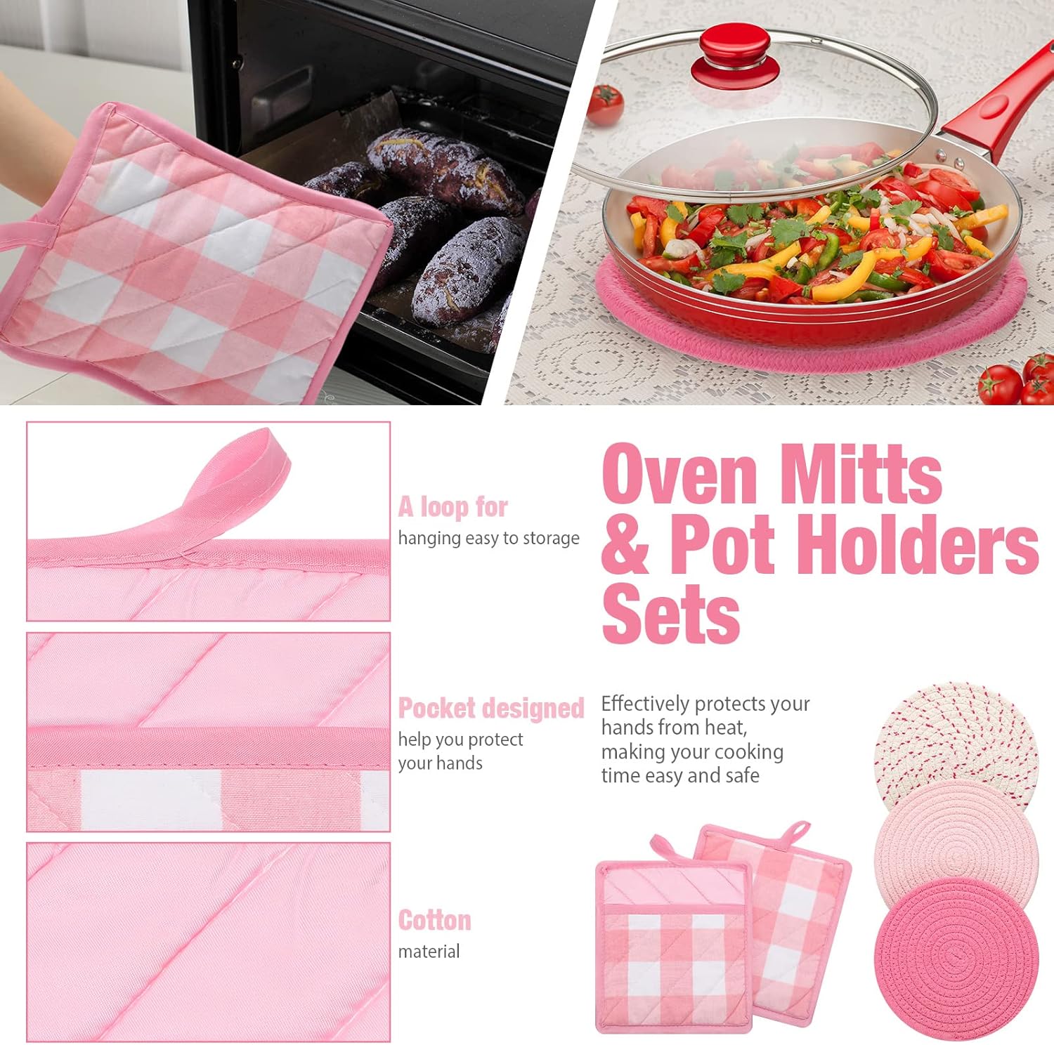 Sumind 7-Piece Oven Mitts Potholders Set Pink White Cotton Kitchen Accessories