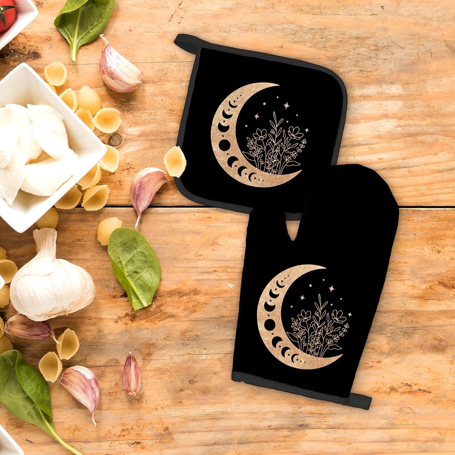 Black Gold Moon Oven Mitts Pot Holders Sets Heat-Resistant Kitchen Accessories
