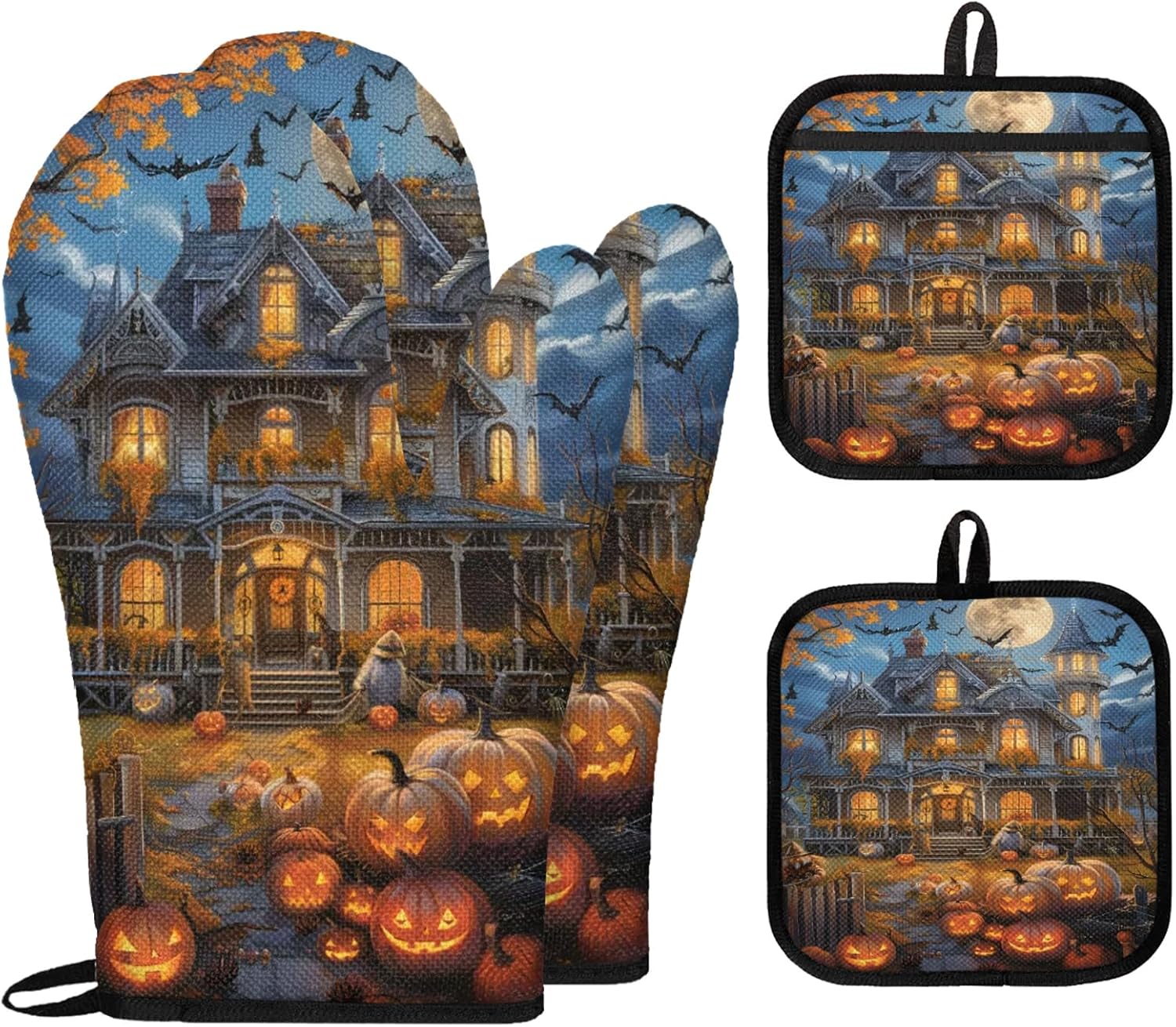 TropicalLife Halloween Pumpkin Moon Oven Mitts and Pot Holders 4Pcs Set