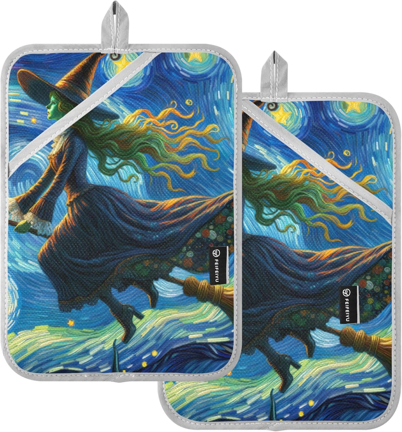 Joisal Halloween Witch Starry Night Oven Mitts Set of 2