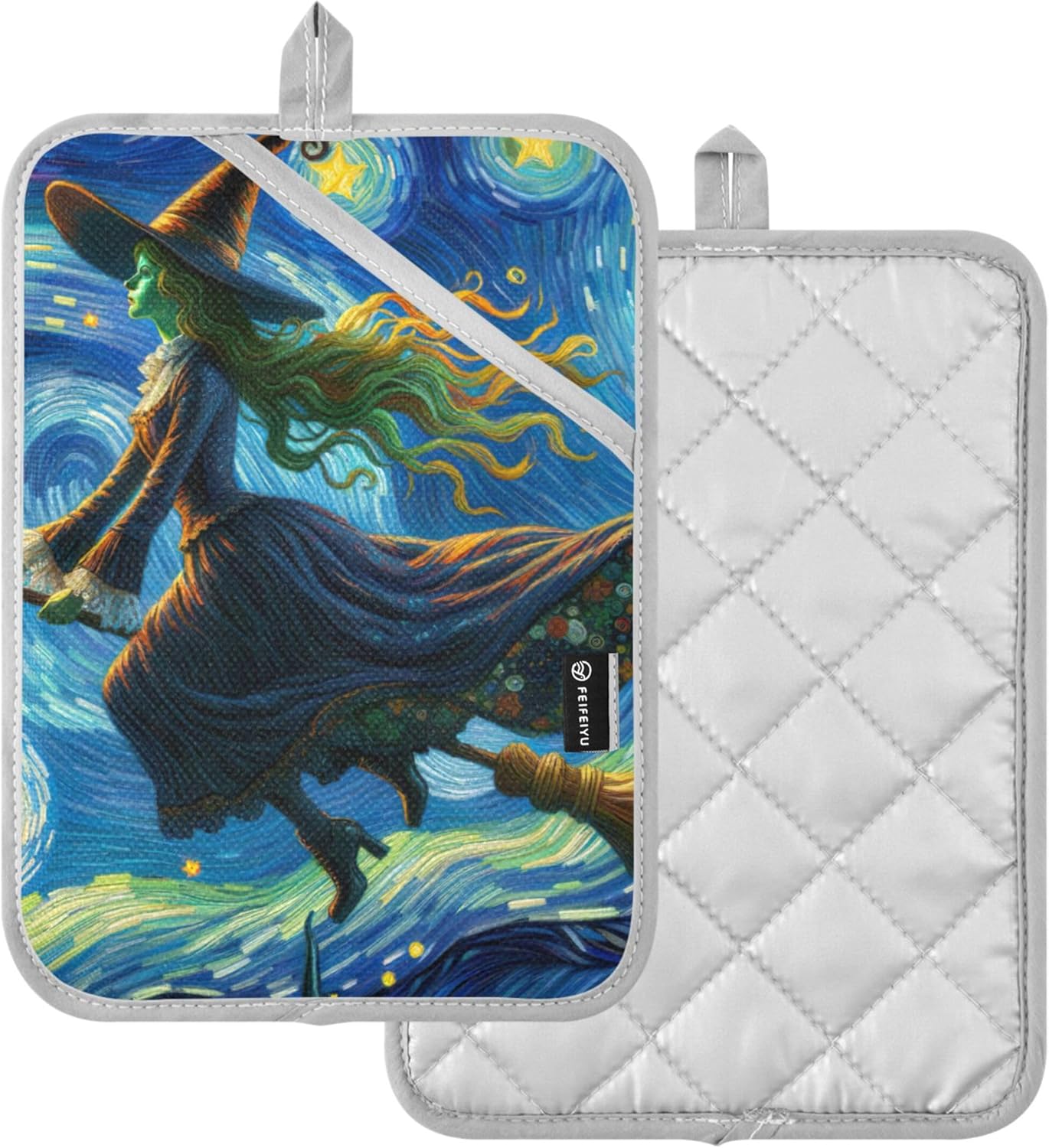 Joisal Halloween Witch Starry Night Oven Mitts Set of 2