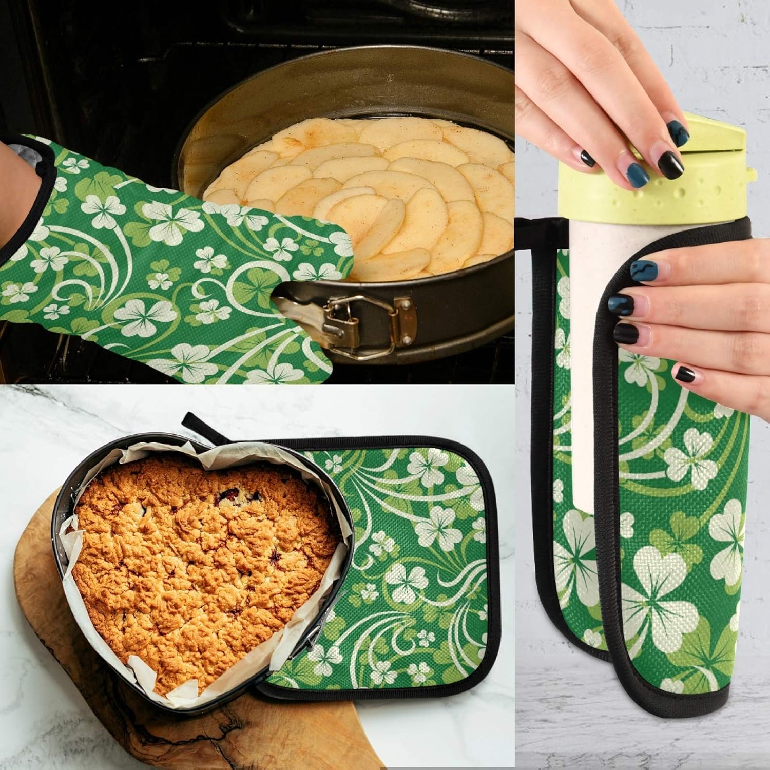 QUGRL Good Luck Clover Oven Mitts Pot Holders Sets Heat-Resistant Kitchen Gloves