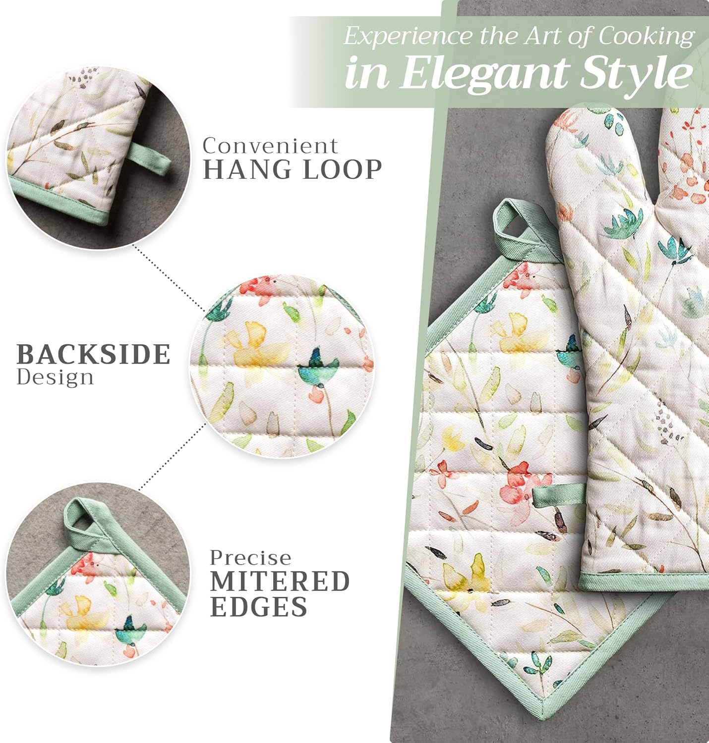 Maison dHermine 100 Cotton Oven Mitt Pot Holder Set - Heat Resistant Soft Durable
