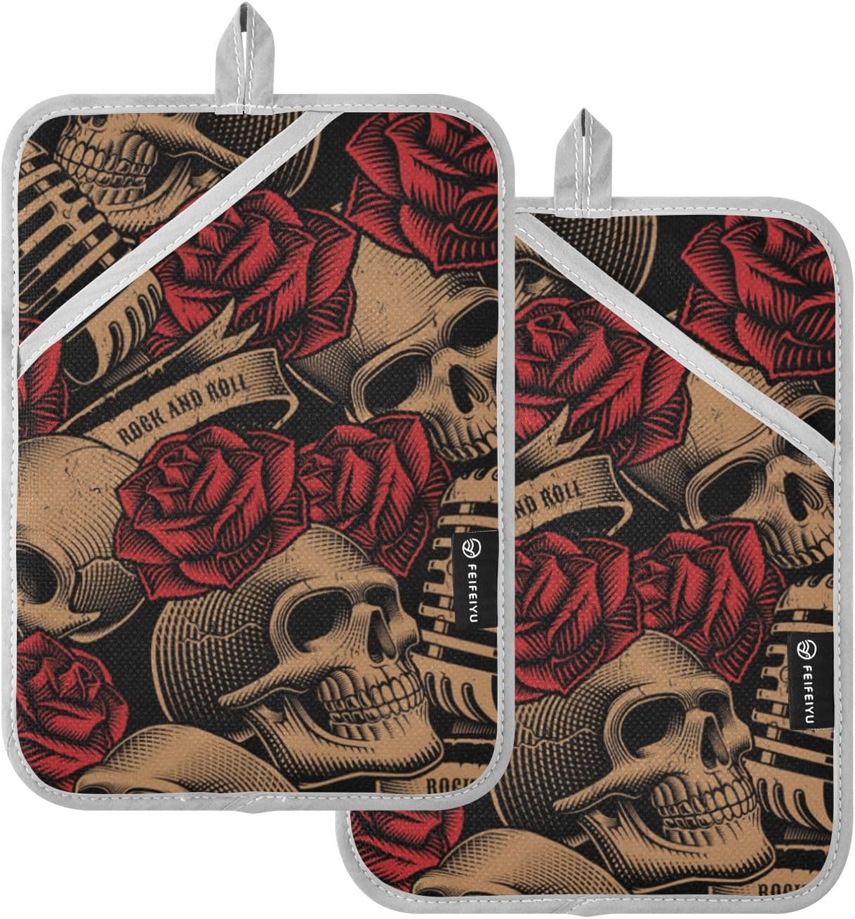 OURVII 2Pcs Skulls Red Roses Pot Holders Set Non-Slip