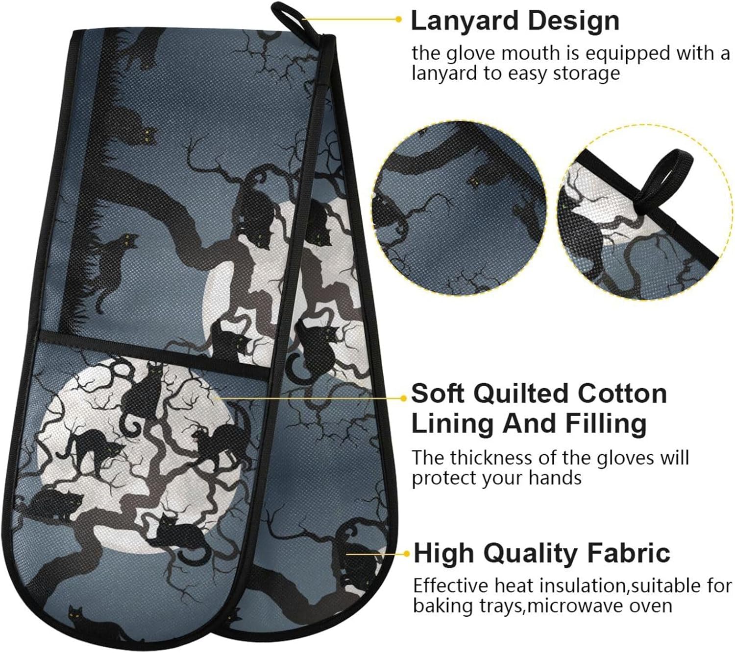 Halloween Black Cat Pot Holder with Full Moon Oven Mitt 35 x 7inch