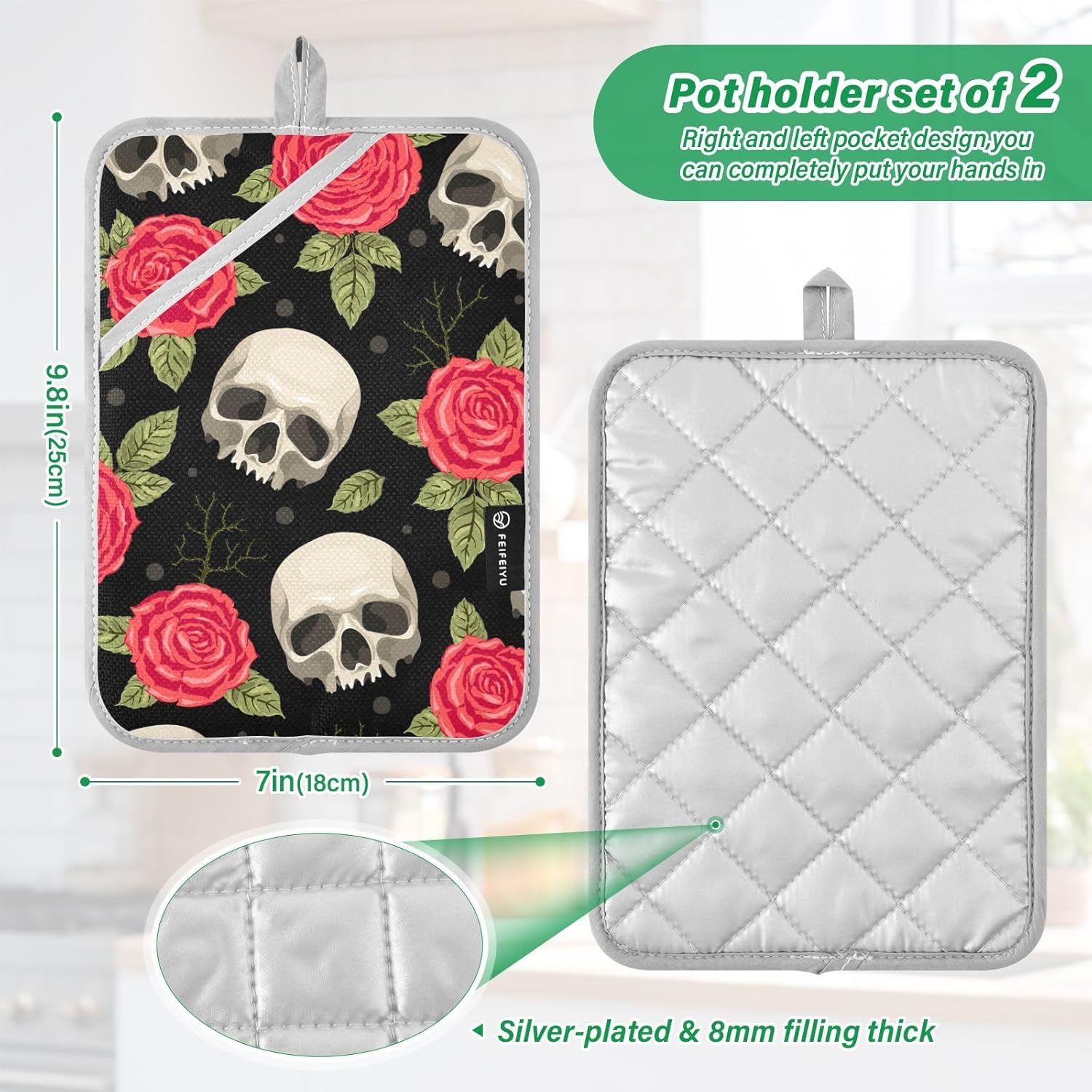 2Pcs Skull Red Roses Potholders with Pockets Non-Slip Mitts Set 1